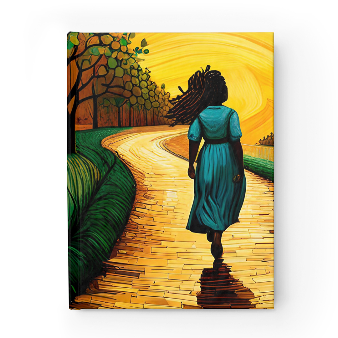 Black Woman with African Dreadlocks Journal featuring an inspiring Yellow Brick Road theme. A beautifully designed journal encouraging self-growth, ambition, and following your dreams.