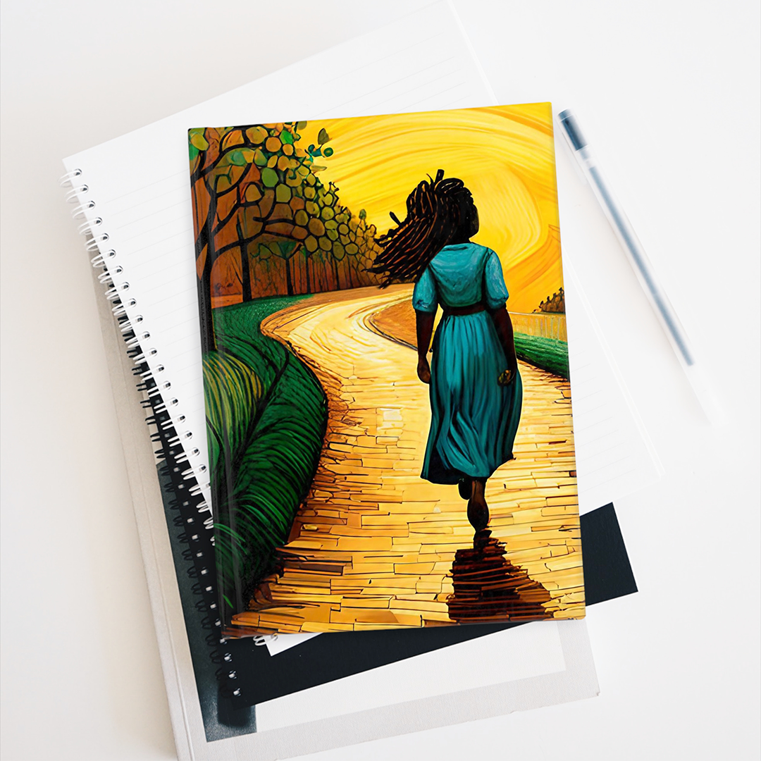 Black Woman with African Dreadlocks Journal featuring an inspiring Yellow Brick Road theme. A beautifully designed journal encouraging self-growth, ambition, and following your dreams.