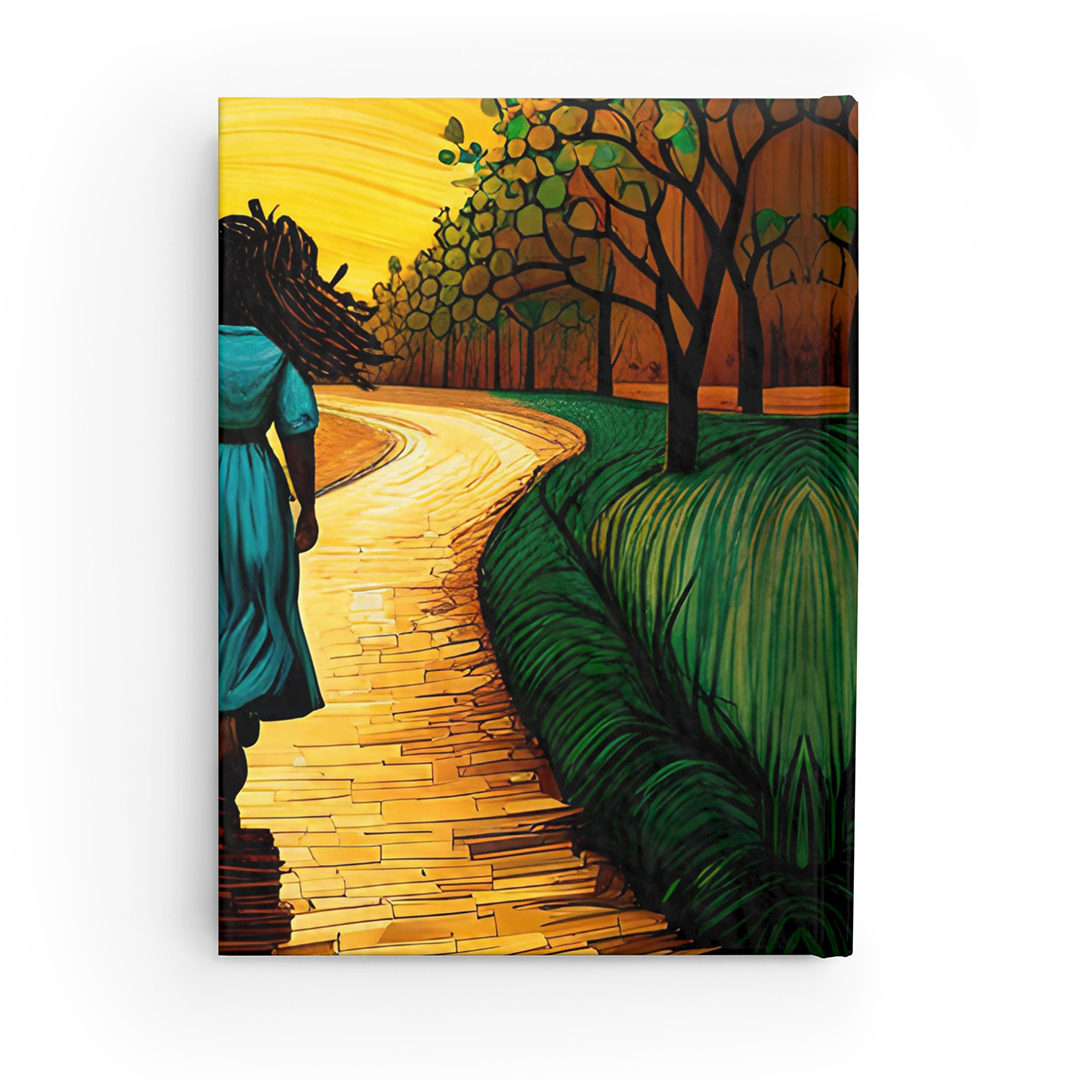 Black Woman with African Dreadlocks Journal featuring an inspiring Yellow Brick Road theme. A beautifully designed journal encouraging self-growth, ambition, and following your dreams.