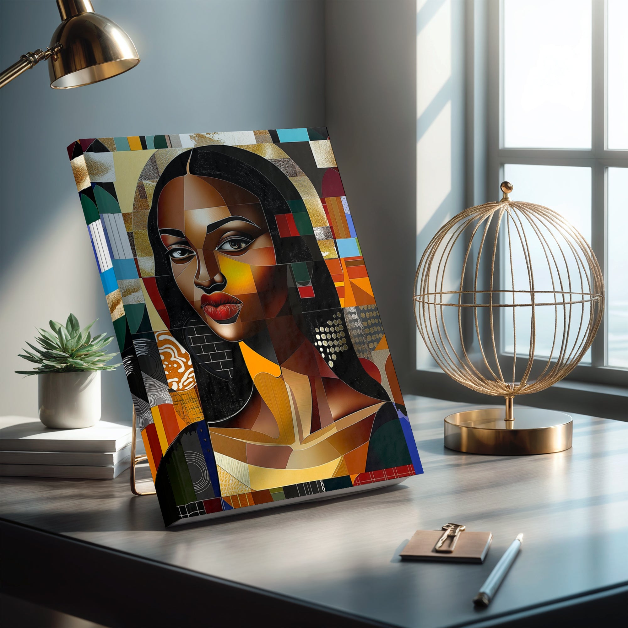 Black Mona Lisa Journal featuring an abstract pop art design of an iconic beautiful, majestic woman. Perfect for writers, artists, and creatives who celebrate Black beauty and culture. 