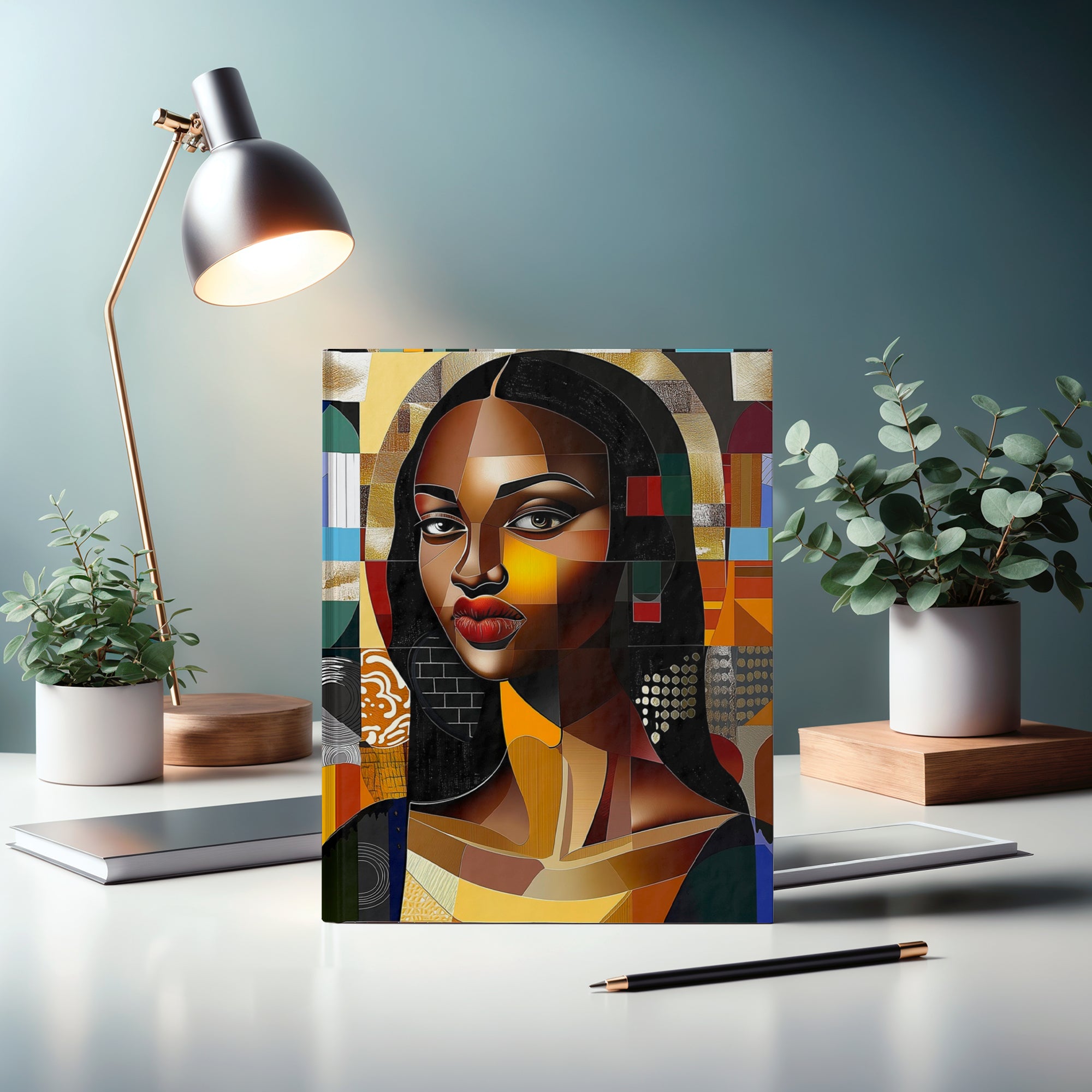 Black Mona Lisa Journal featuring an abstract pop art design of an iconic beautiful, majestic woman. Perfect for writers, artists, and creatives who celebrate Black beauty and culture. 