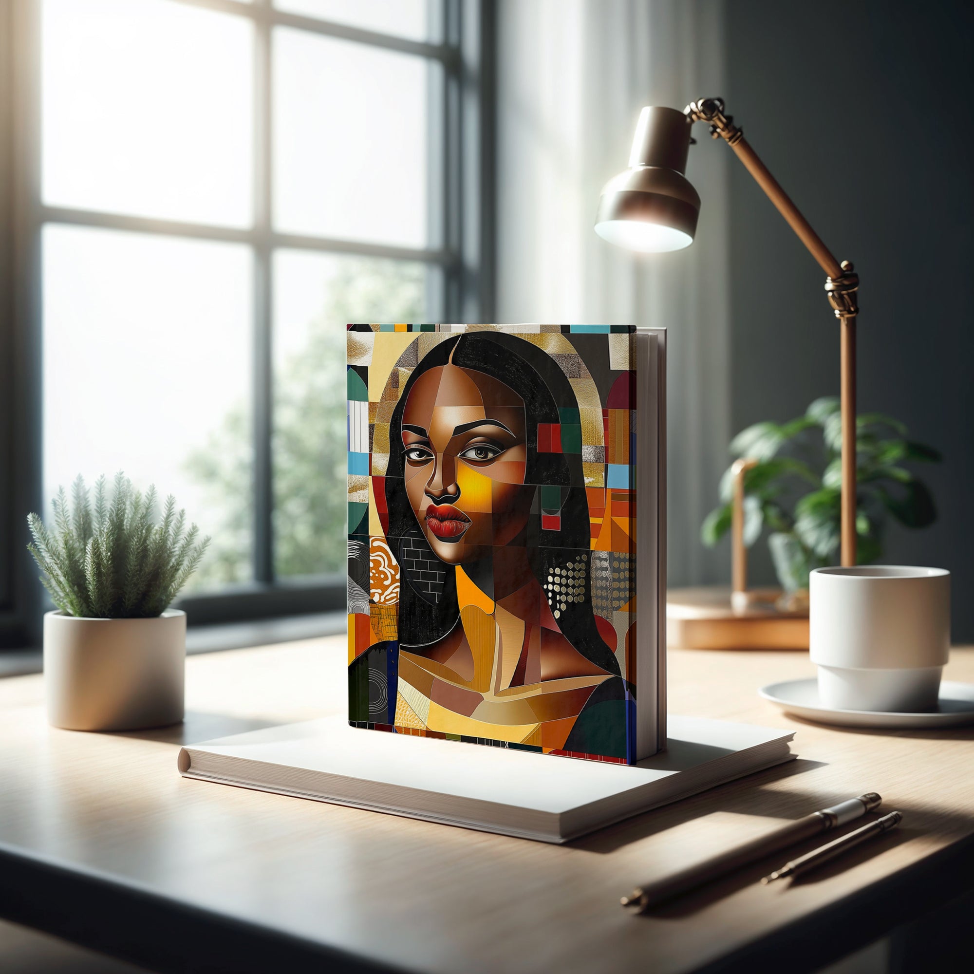 Black Mona Lisa Journal featuring an abstract pop art design of an iconic beautiful, majestic woman. Perfect for writers, artists, and creatives who celebrate Black beauty and culture. 