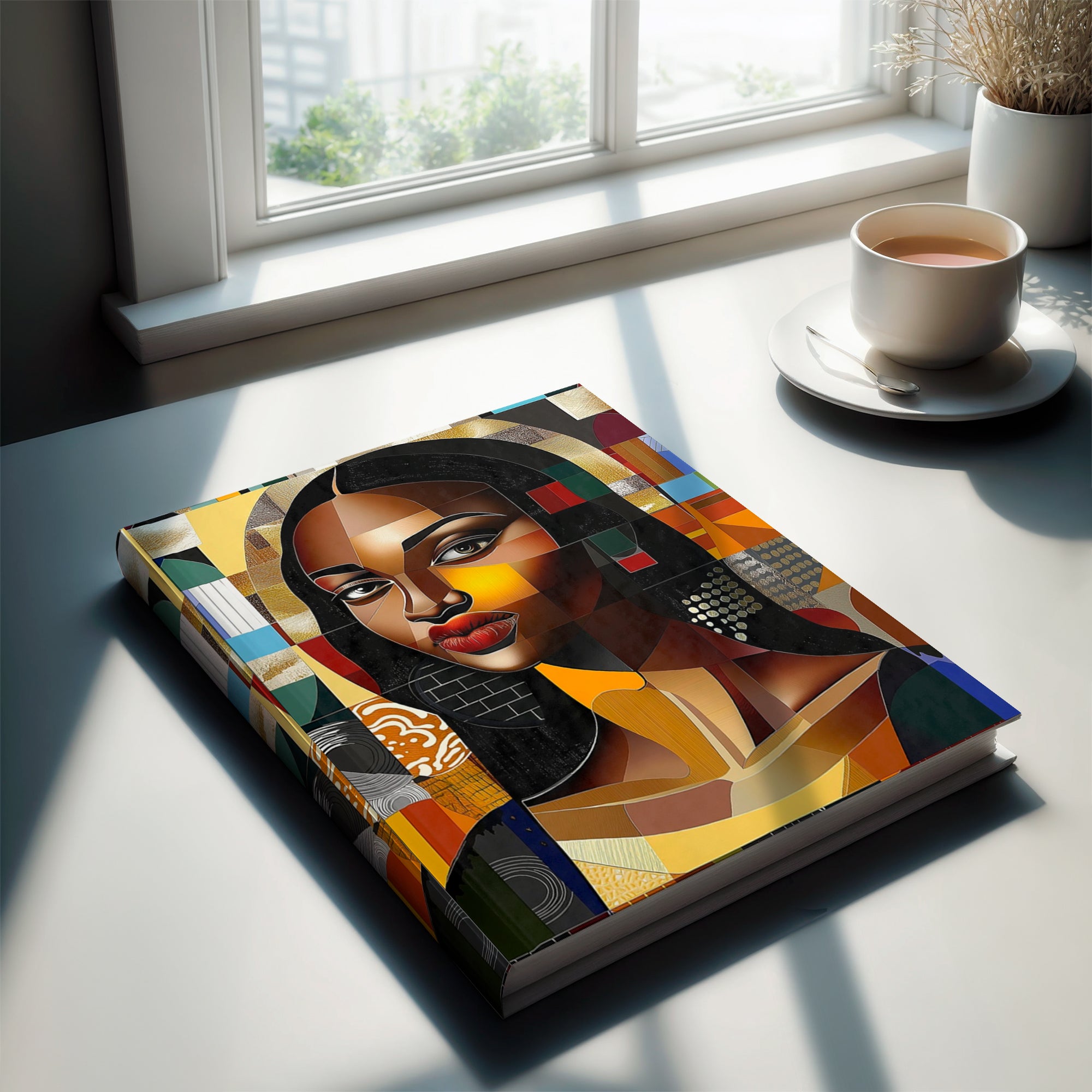 Black Mona Lisa Journal featuring an abstract pop art design of an iconic beautiful, majestic woman. Perfect for writers, artists, and creatives who celebrate Black beauty and culture. 