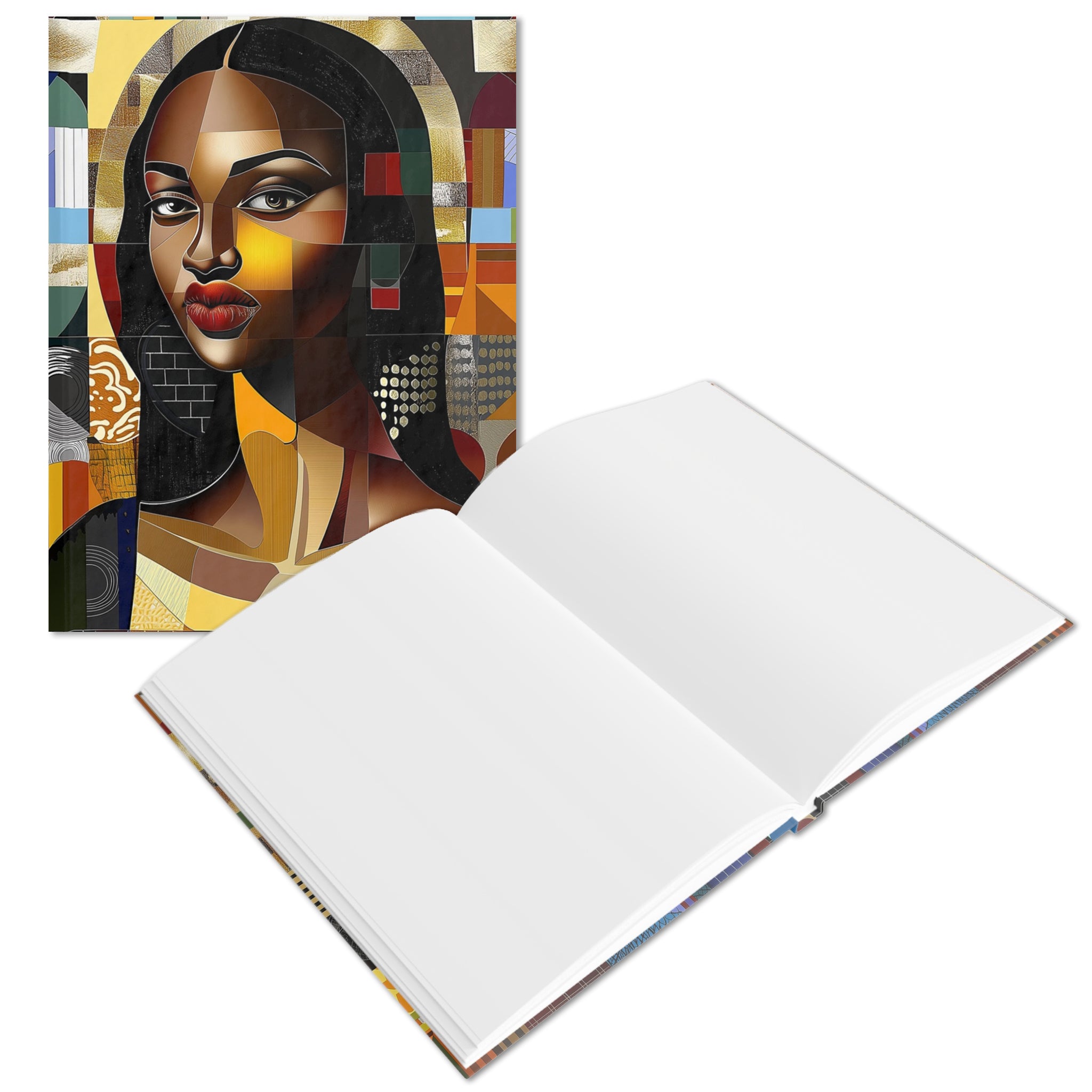 Black Mona Lisa Journal featuring an abstract pop art design of an iconic beautiful, majestic woman. Perfect for writers, artists, and creatives who celebrate Black beauty and culture.  Blank Pages