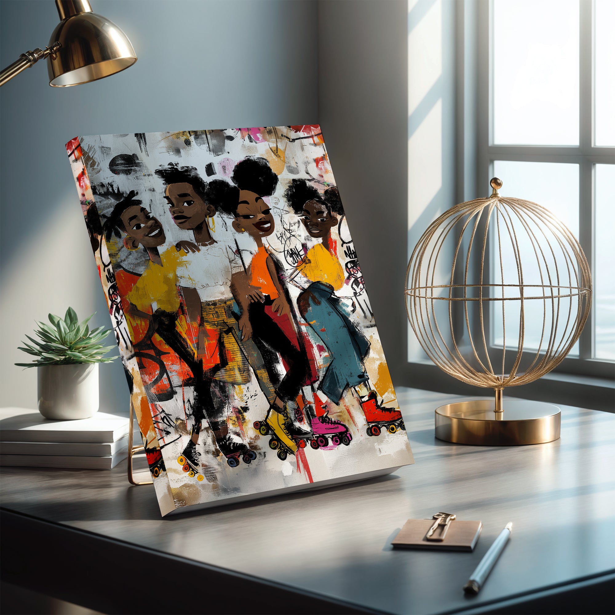 Hardcover artist sketchbook featuring colorful Afrocentric graffiti artwork of joyful Black roller skaters gliding through an energetic urban scene with bold street art, vibrant colors, and expressive contemporary illustration.