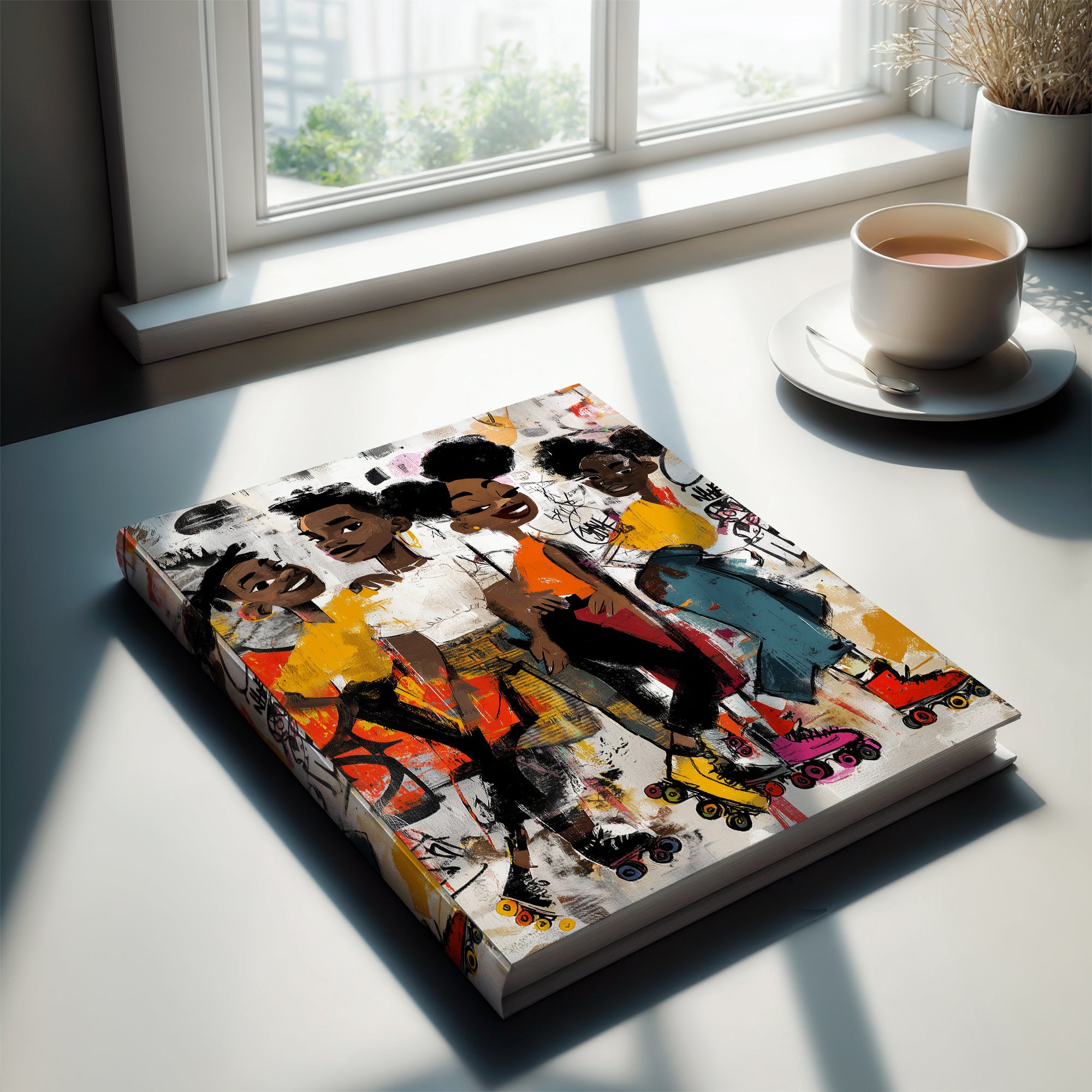 Back of hardcover journal featuring cartoon style Black teens roller skaters, journal against a white background.