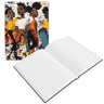 Front of hardcover journal featuring cartoon style Black teens roller skaters, paired with open journal showing blank pages.