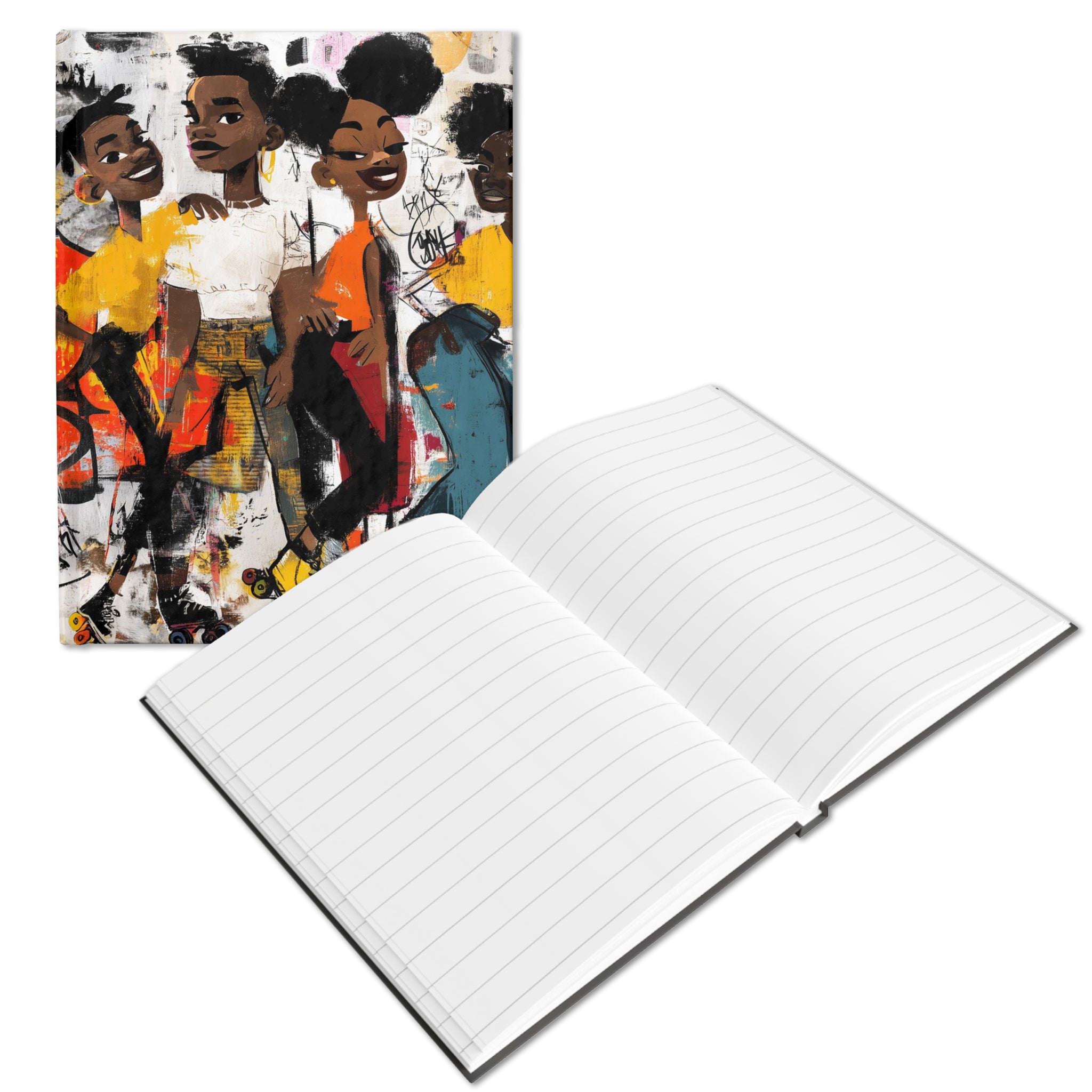 Front of hardcover journal featuring cartoon style Black teens roller skaters, paired with open journal showing lined pages.