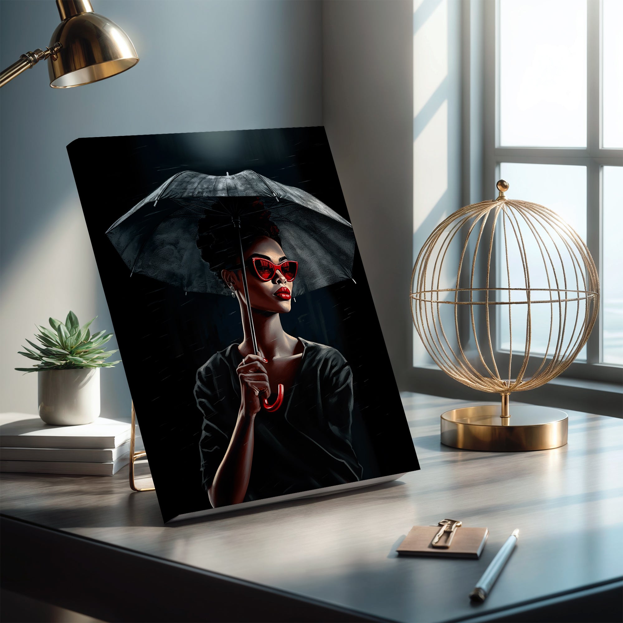 Black Woman Fashionista Journal featuring a mysterious African American woman with bold red lipstick, trendy red sunglasses, and a black umbrella in stormy weather. A stylish memory journal for fashion lovers and writers.