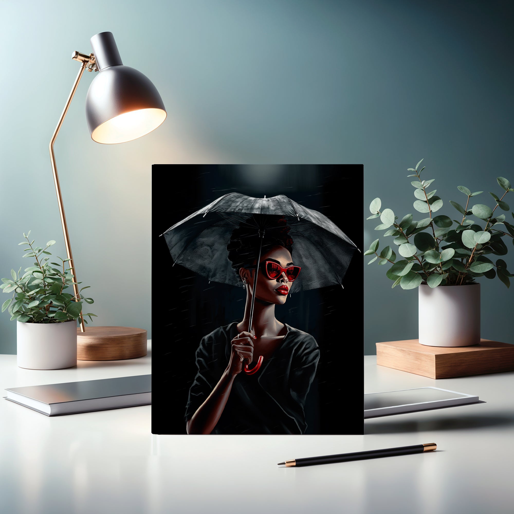 Black Woman Fashionista Journal featuring a mysterious African American woman with bold red lipstick, trendy red sunglasses, and a black umbrella in stormy weather. A stylish memory journal for fashion lovers and writers.