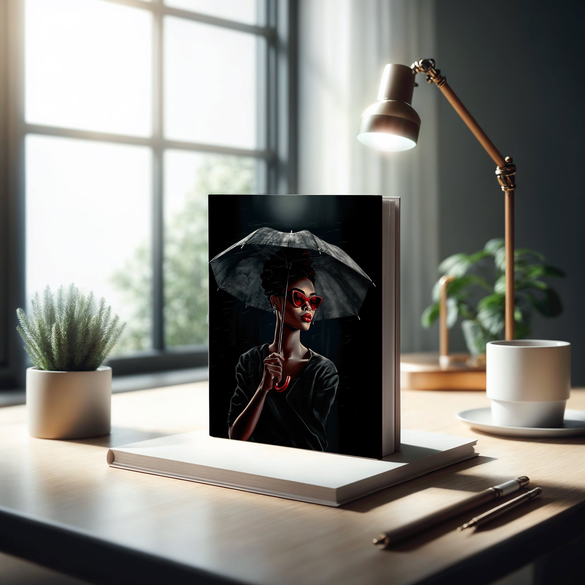Black Woman Fashionista Journal featuring a mysterious African American woman with bold red lipstick, trendy red sunglasses, and a black umbrella in stormy weather. A stylish memory journal for fashion lovers and writers.