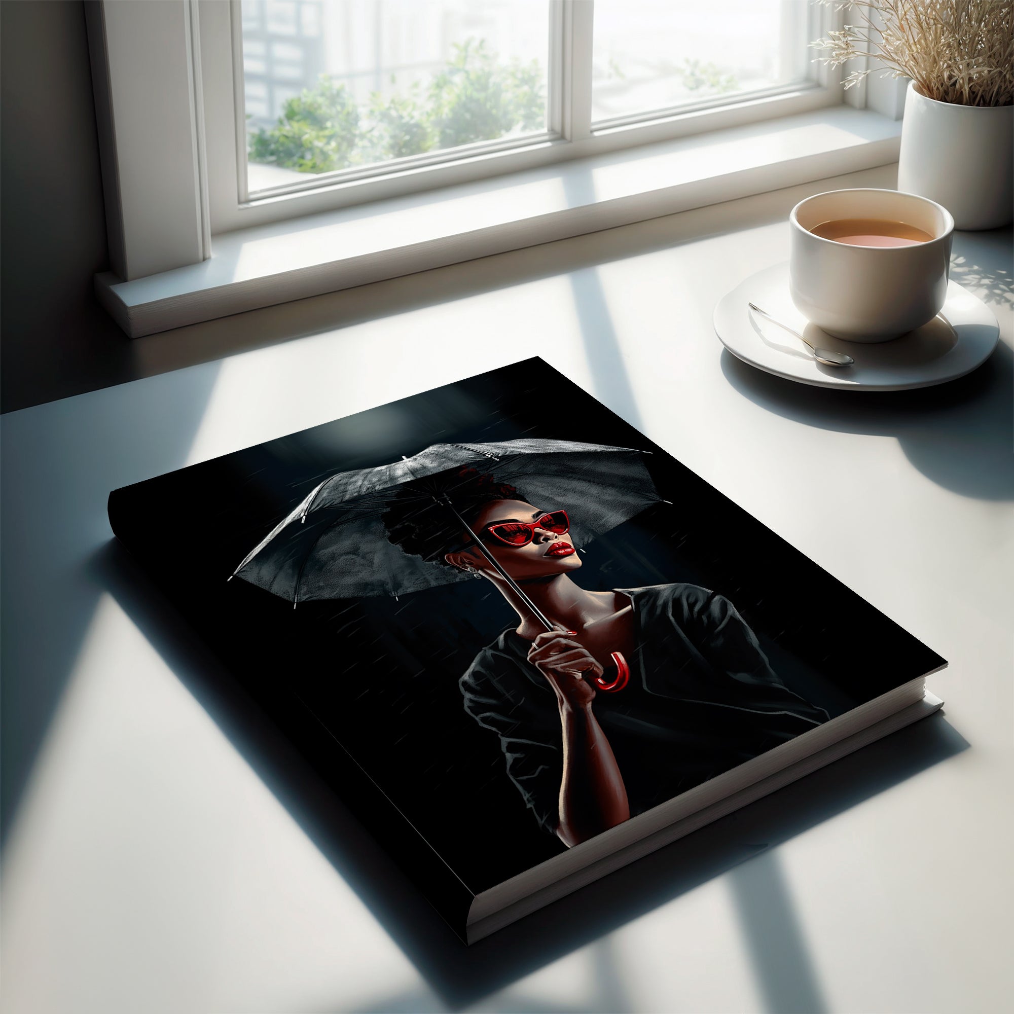 Black Woman Fashionista Journal featuring a mysterious African American woman with bold red lipstick, trendy red sunglasses, and a black umbrella in stormy weather. A stylish memory journal for fashion lovers and writers.