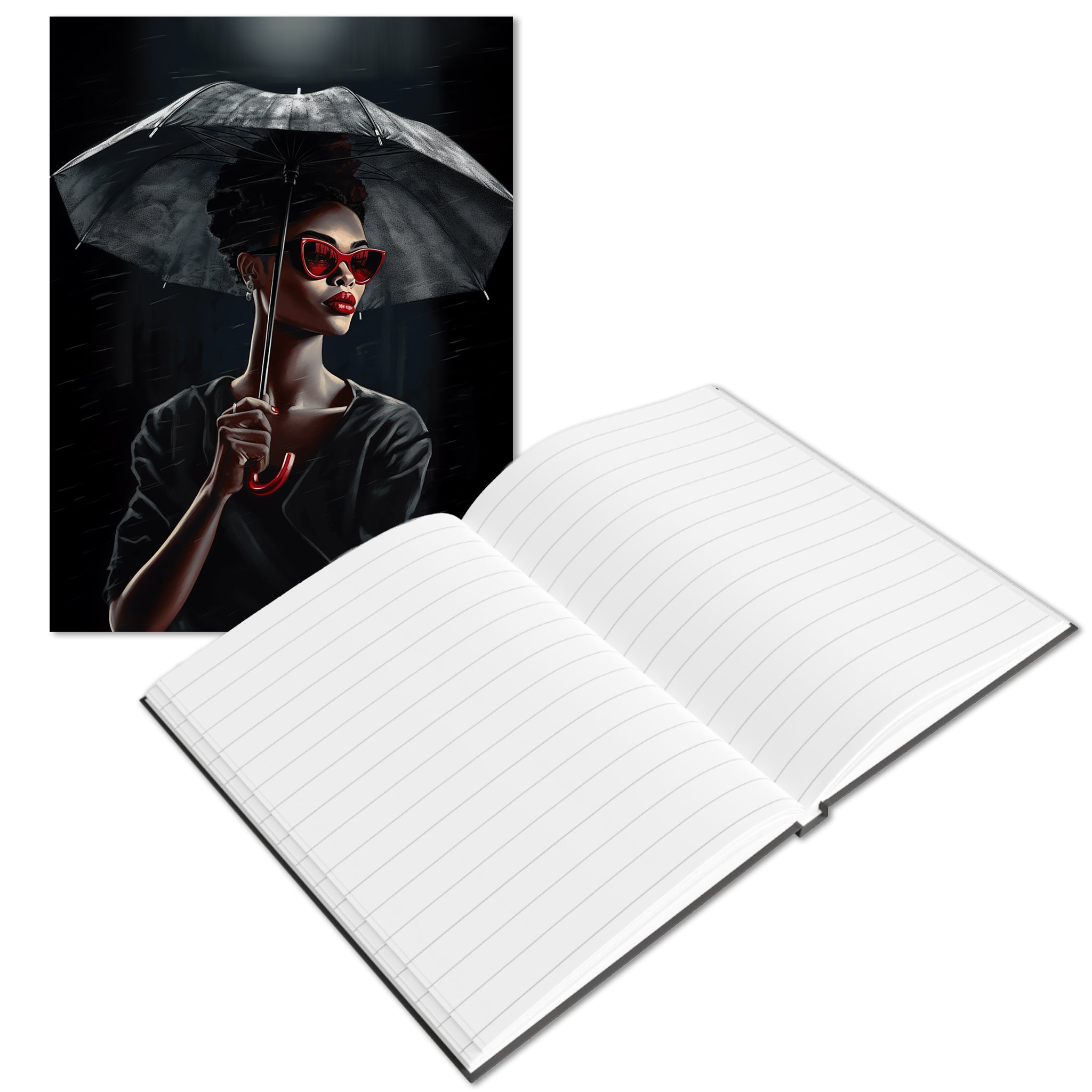 Black Woman Fashionista Journal featuring a mysterious African American woman with bold red lipstick, trendy red sunglasses, and a black umbrella in stormy weather. A stylish memory journal for fashion lovers and writers.  Lined Pages
