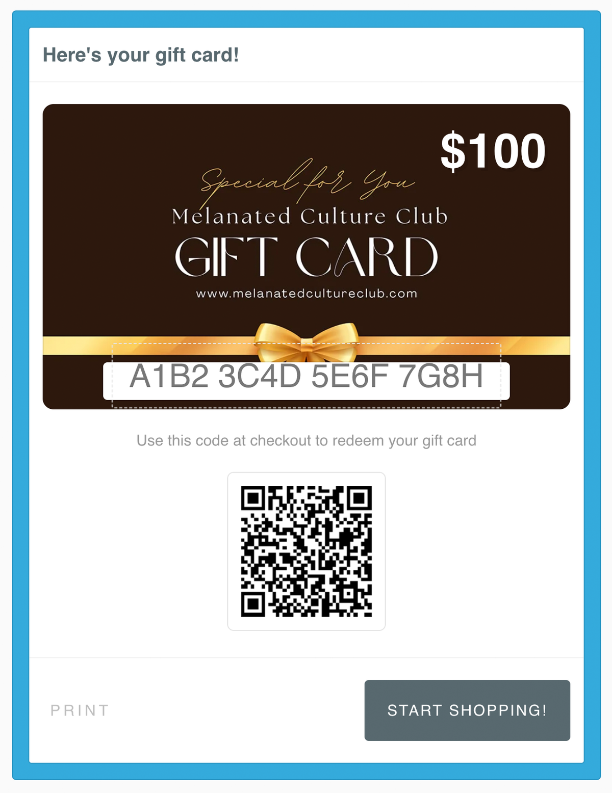 Melanated Culture Club Gift Card - Unique code view.