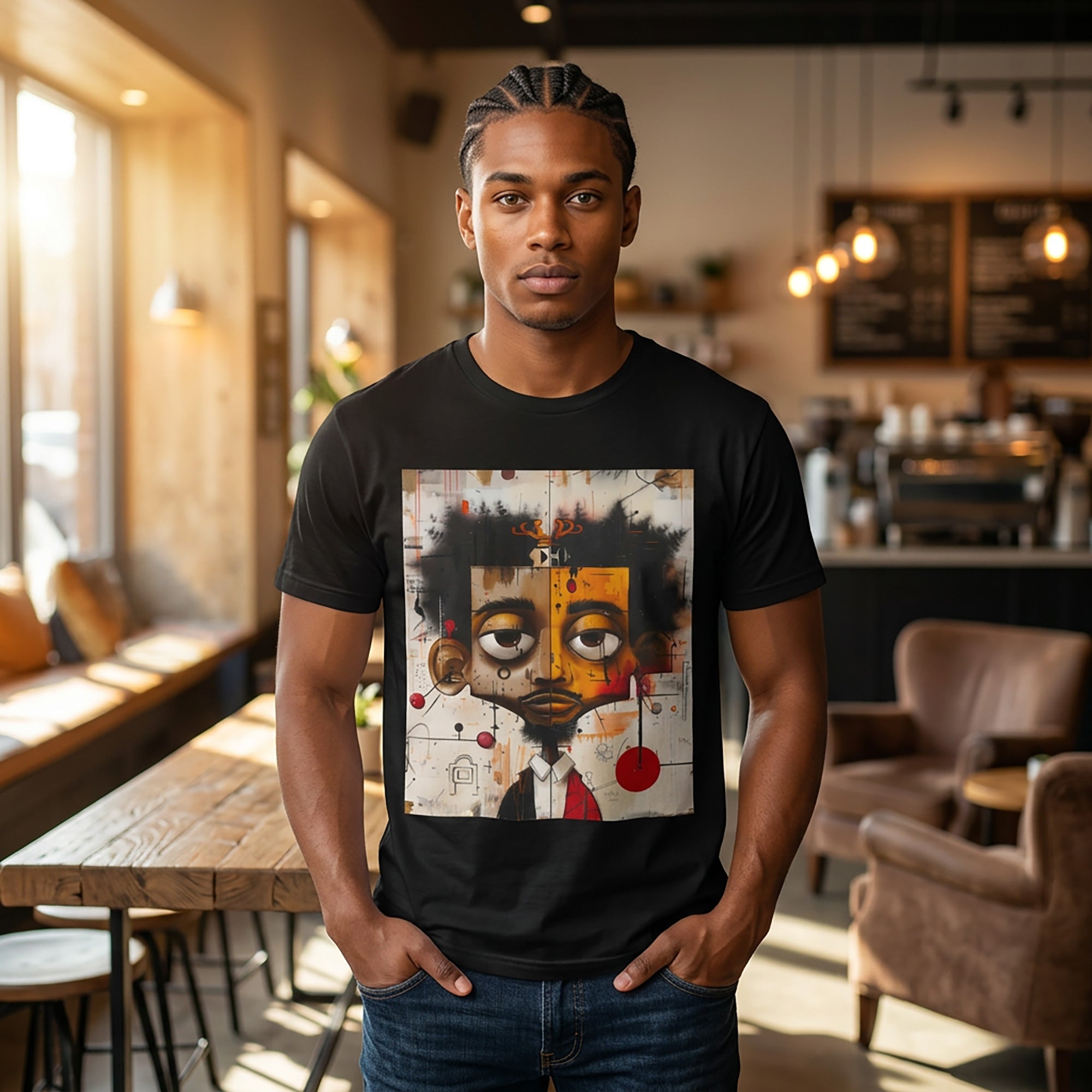 Abstract Afrocentric t-shirt featuring a split-face portrait of a Black man, half human and half robot, with expressive facial features and futuristic mechanical details in an Afrofuturism art style. Series 05