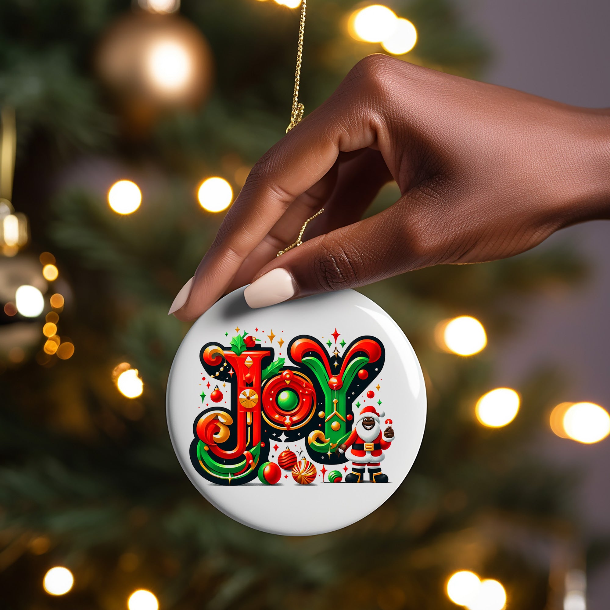 Round African American Santa Claus Joy Christmas Tree Ornament