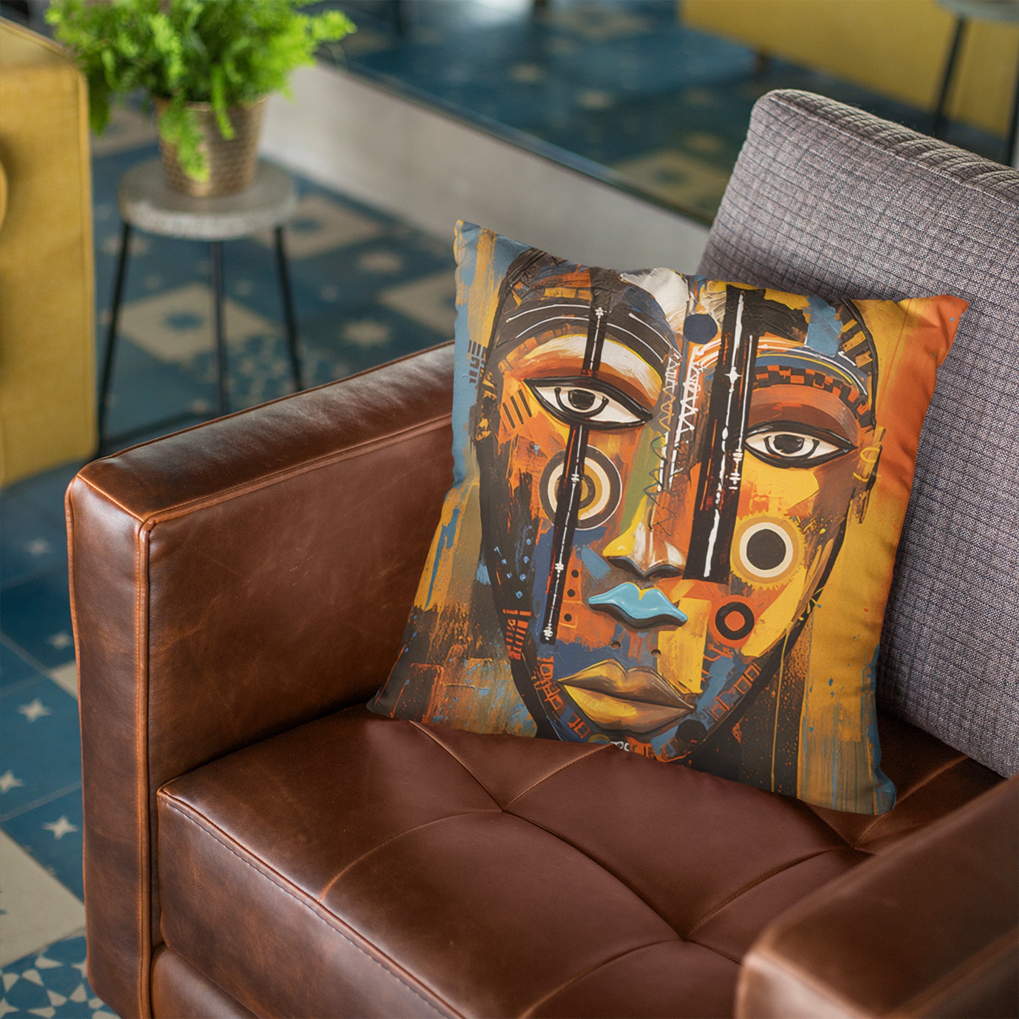 Decor view of African Abstract Art Pillow.