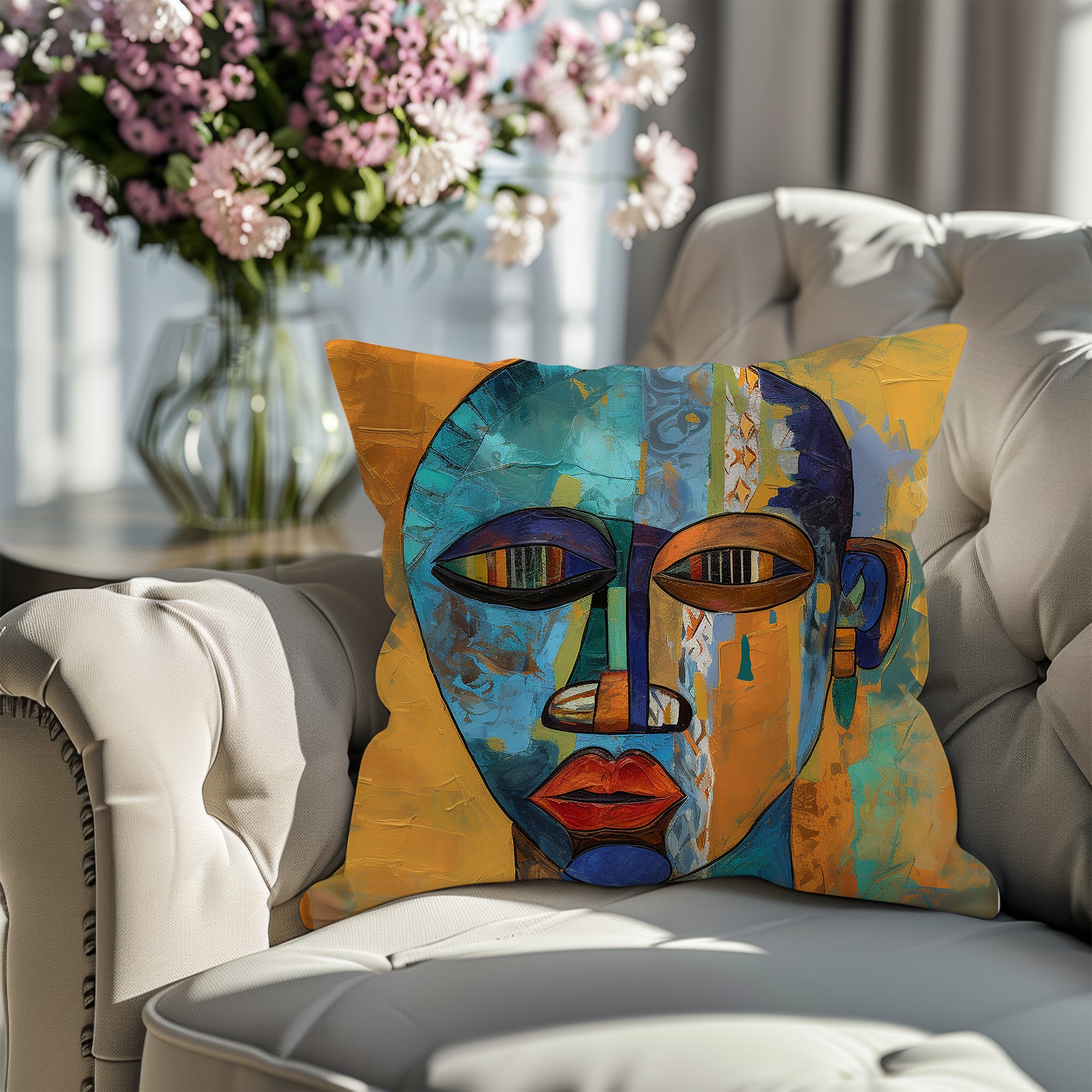 African Mask Faux Suede Square Pillow featuring an abstract African mask design in vibrant gold, teal, and orange colors. Afrocentric home decor accent for sofa or bed, celebrating African culture and modern abstract art.