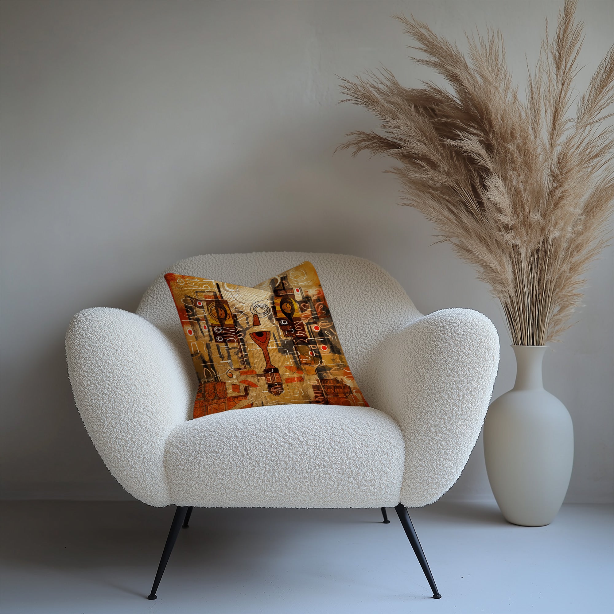 Colorful Afrocentric abstract pattern throw pillow featuring bold geometric shapes, layered textures, and African-inspired contemporary artwork displayed as a decorative accent cushion on a creme accent chair.