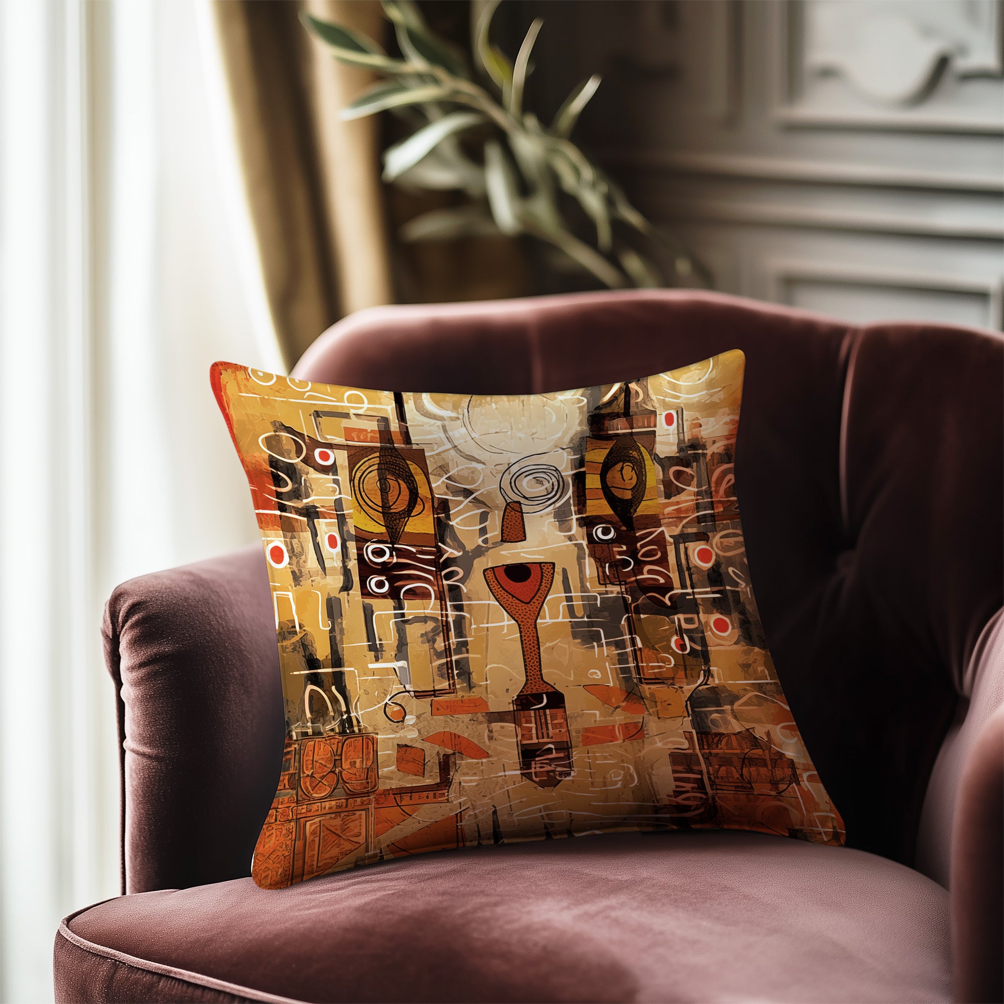 Colorful Afrocentric abstract pattern throw pillow featuring bold geometric shapes, layered textures, and African-inspired contemporary artwork displayed as a decorative accent cushion on a velvet accent chair.