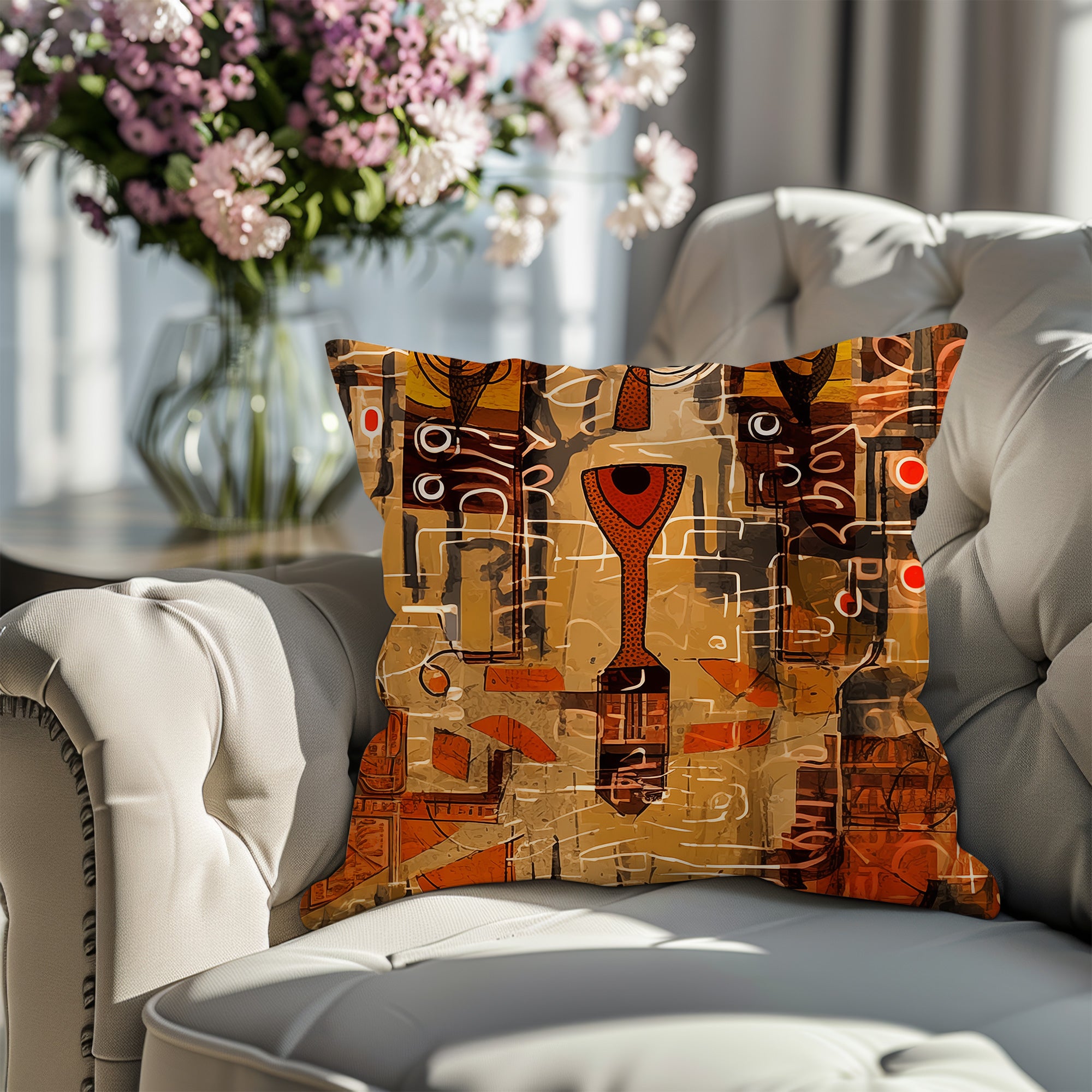 Colorful Afrocentric abstract pattern throw pillow featuring bold geometric shapes, layered textures, and African-inspired contemporary artwork displayed as a decorative accent cushion on a tufted accent chair.