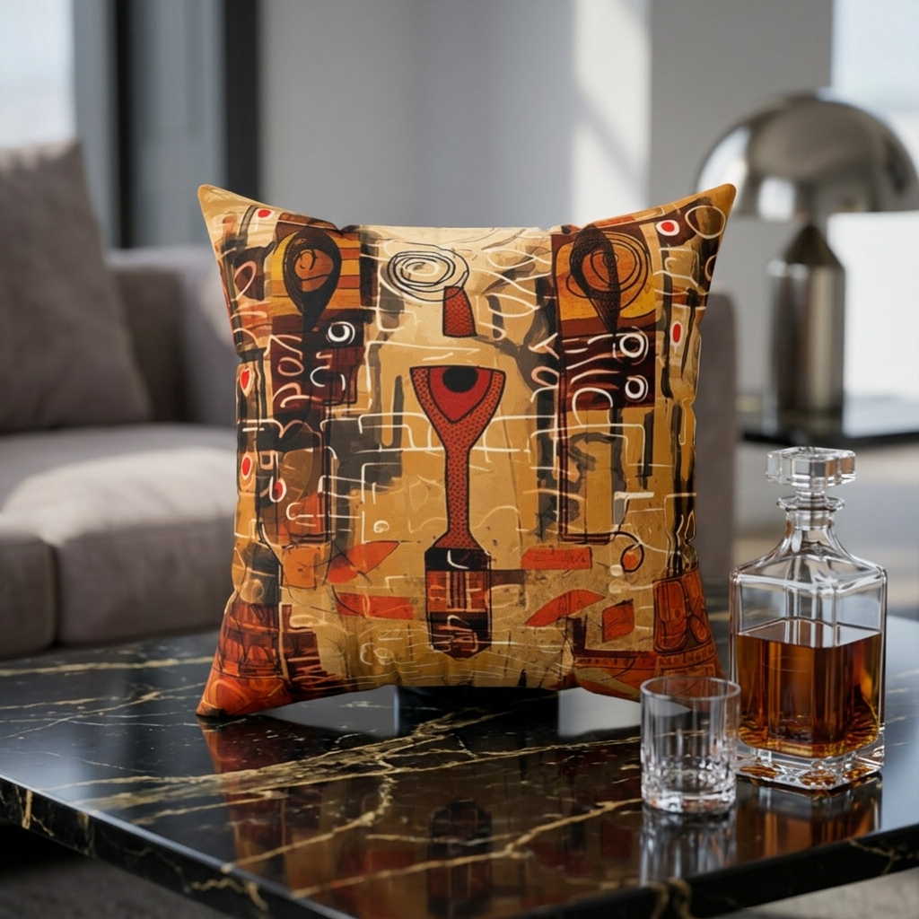 Colorful Afrocentric abstract pattern throw pillow featuring bold geometric shapes, layered textures, and African-inspired contemporary artwork displayed on a black gold vine black marble table with liquor decanter.