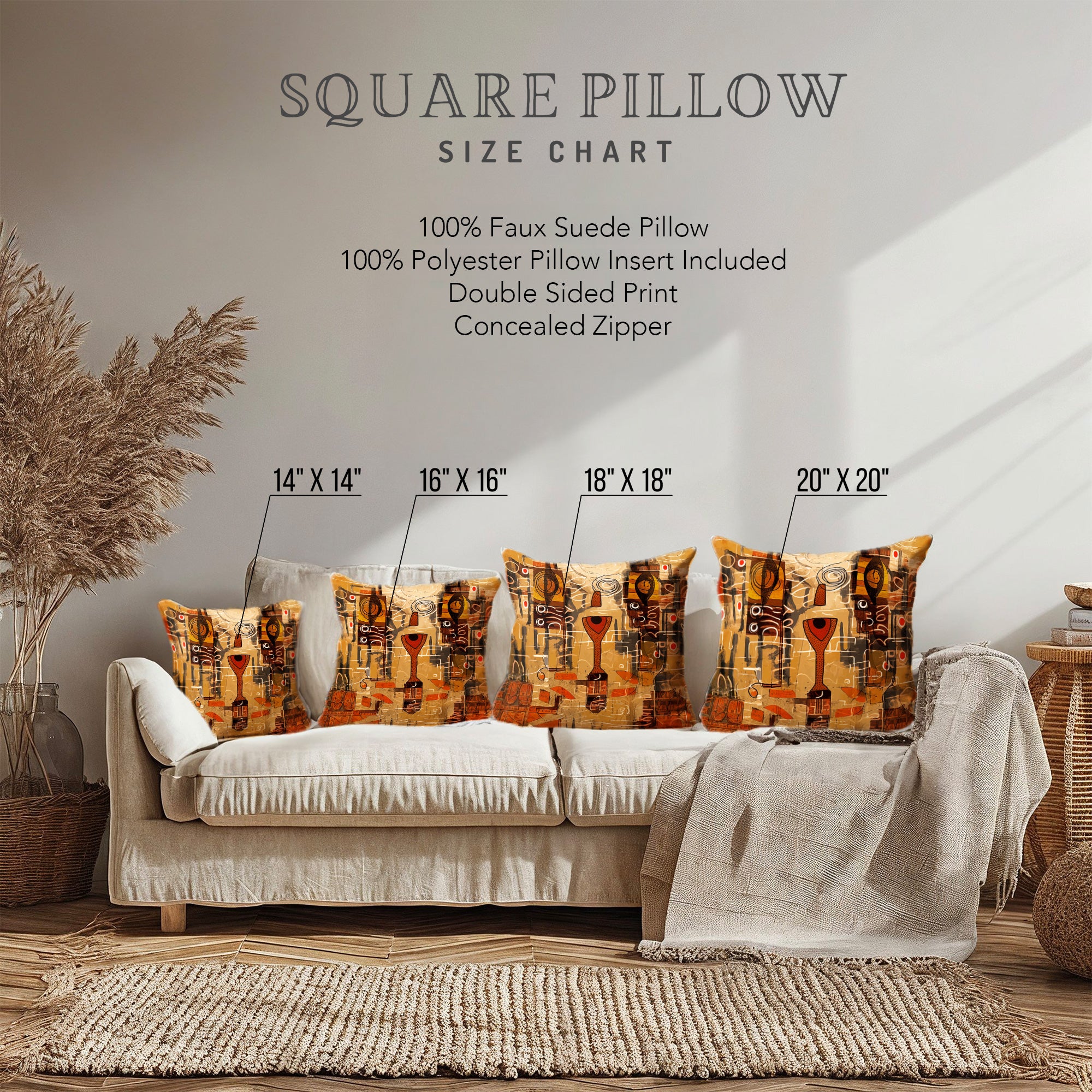 Comparison of the different sizes of the Afrocentric Abstract throw pillow on a creme sofa.