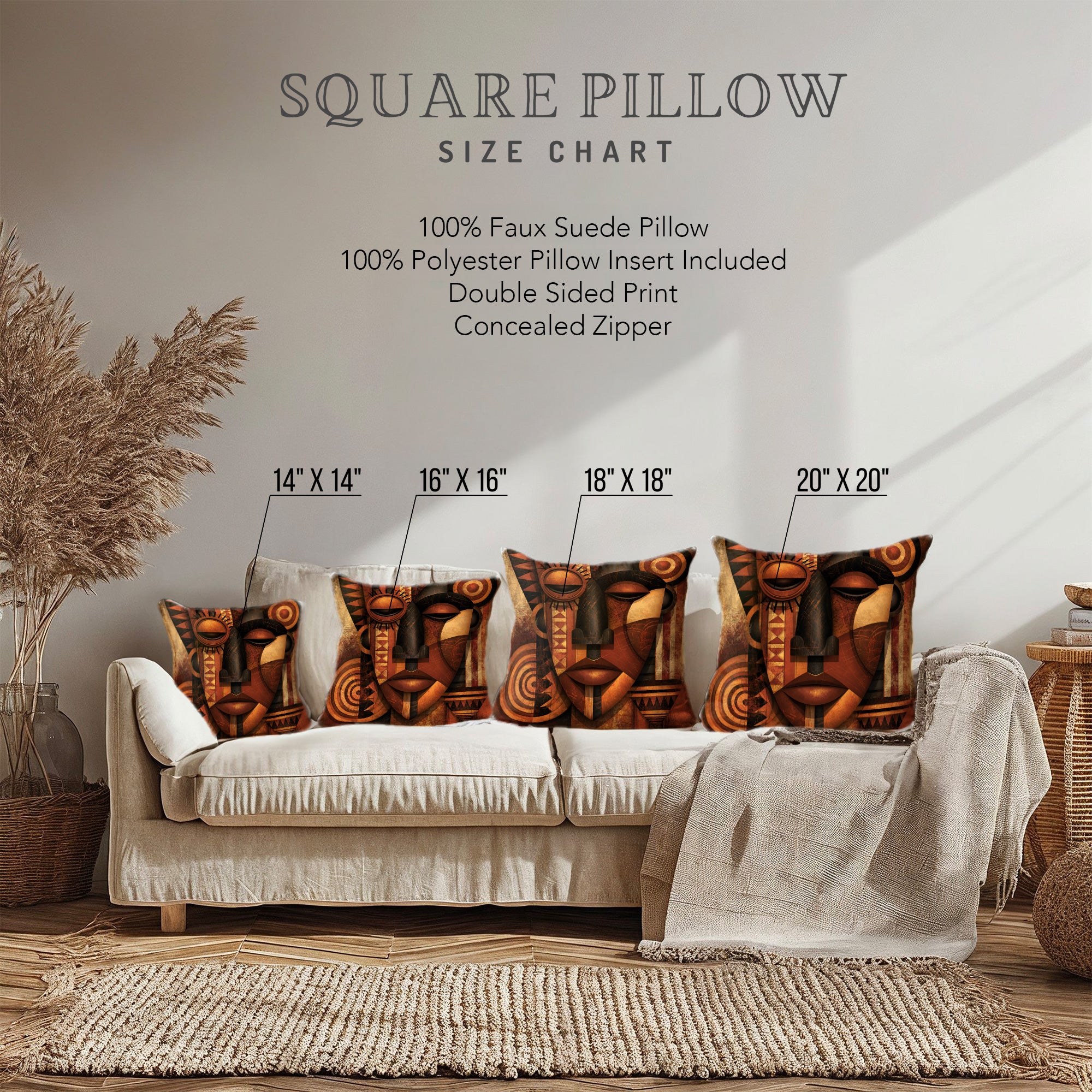 Four different size dimensions of Abstract Afrocentric African Mask throw pillows displayed on a creme sofa, accented with a throw blanket in a contemporary setting.