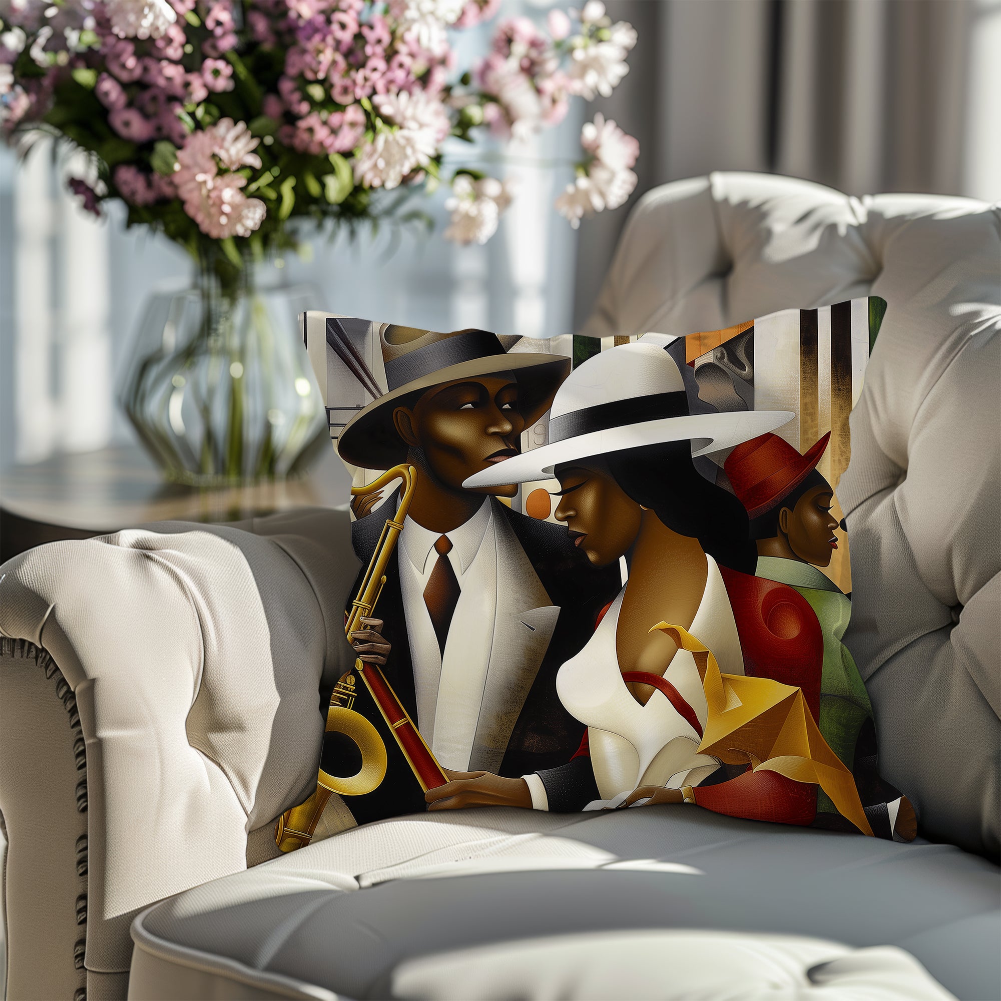 Harlem Renaissance Faux Suede Square Pillow featuring abstract jazz musicians in an Afrocentric Bauhaus style. African American home decor accent with vibrant colors and Afro-Bohemian flair.