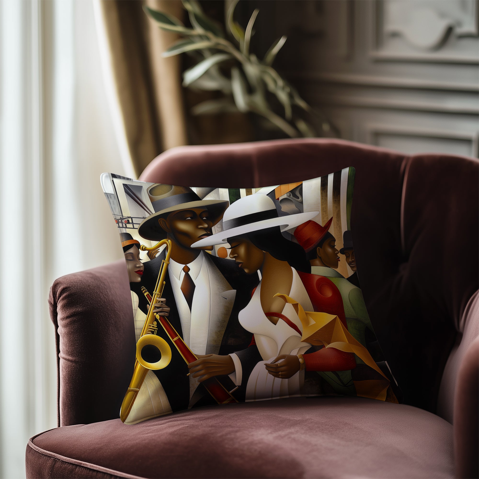 Harlem Renaissance Faux Suede Square Pillow featuring abstract jazz musicians in an Afrocentric Bauhaus style. African American home decor accent with vibrant colors and Afro-Bohemian flair.