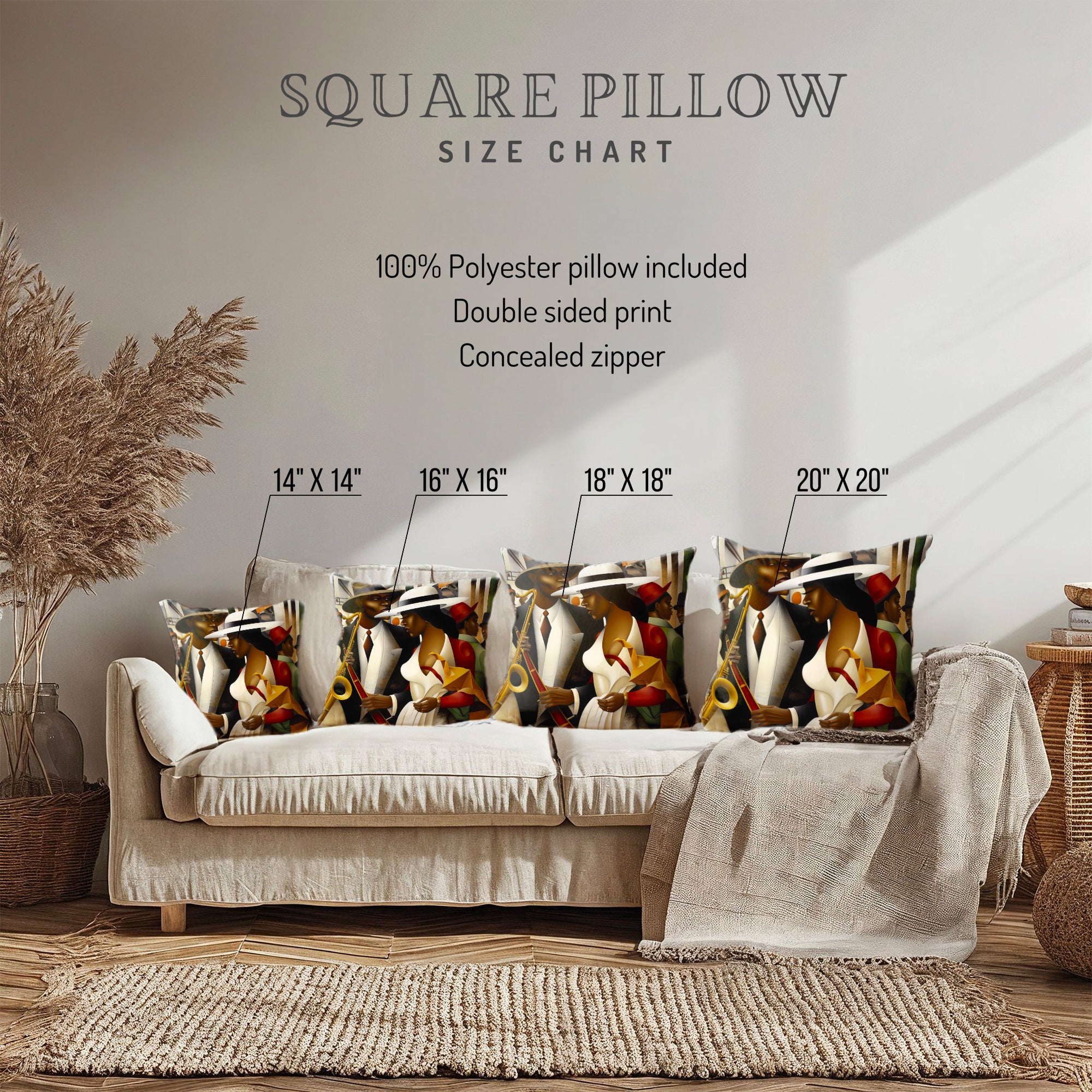 Harlem Renaissance Faux Suede Square Pillow featuring abstract jazz musicians in an Afrocentric Bauhaus style. African American home decor accent with vibrant colors and Afro-Bohemian flair.
