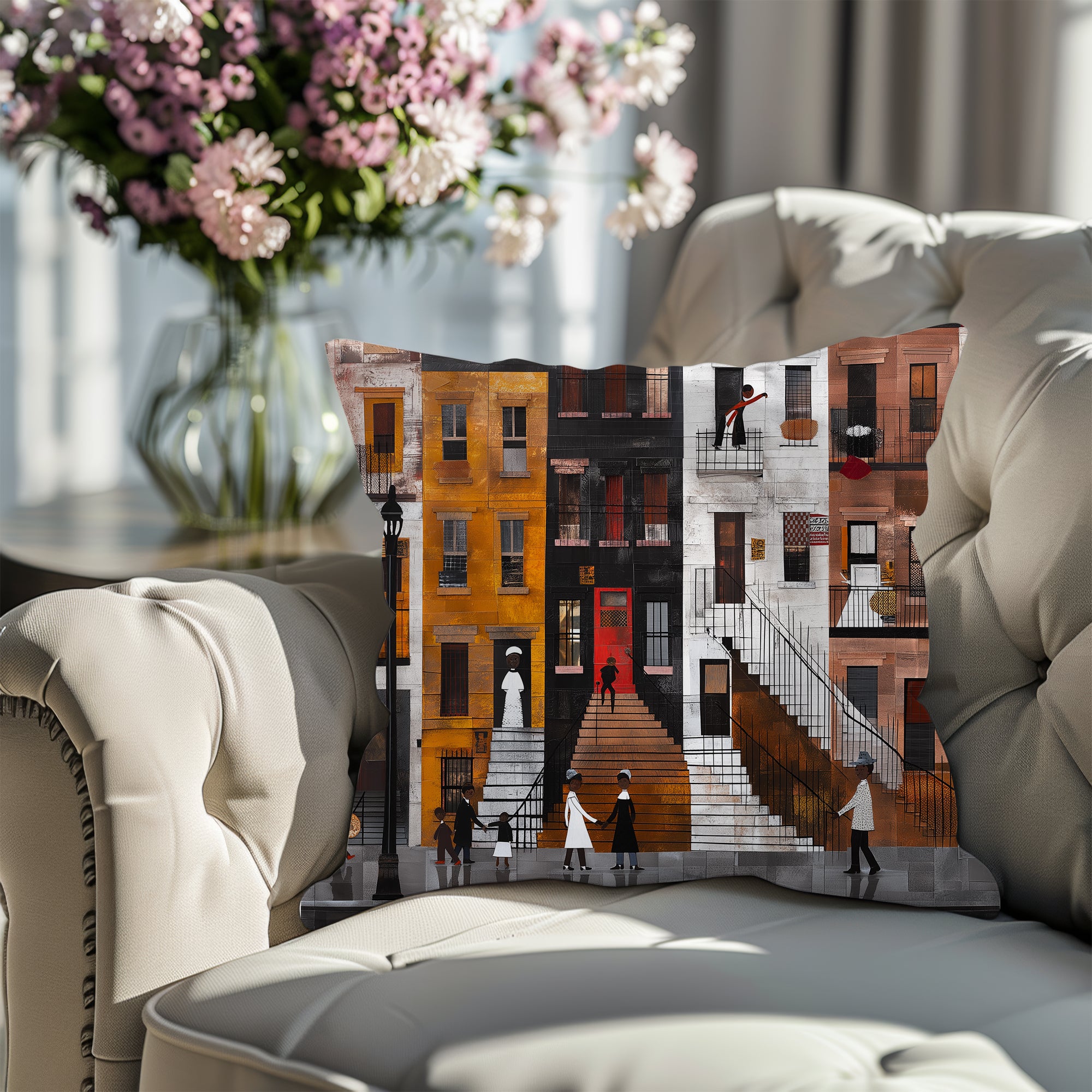 Harlem Neighborhood Faux Suede Square Pillow featuring an abstract Afrocentric design inspired by Harlem street life and culture. A vibrant African American art accent pillow for sofa or bed decor.