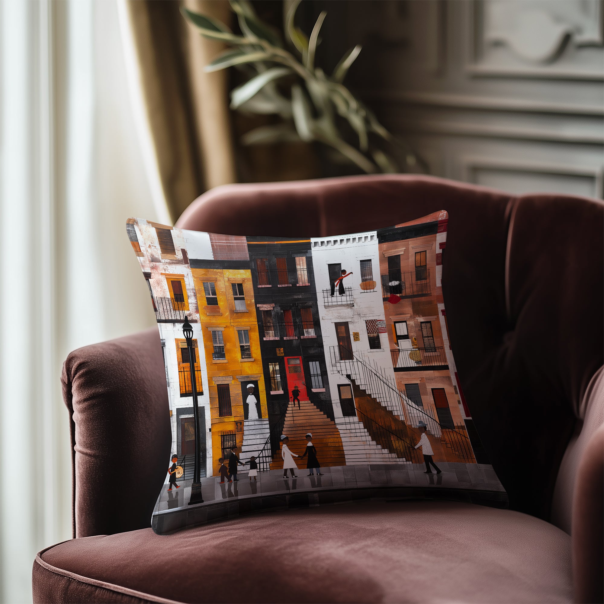 Harlem Neighborhood Faux Suede Square Pillow featuring an abstract Afrocentric design inspired by Harlem street life and culture. A vibrant African American art accent pillow for sofa or bed decor.