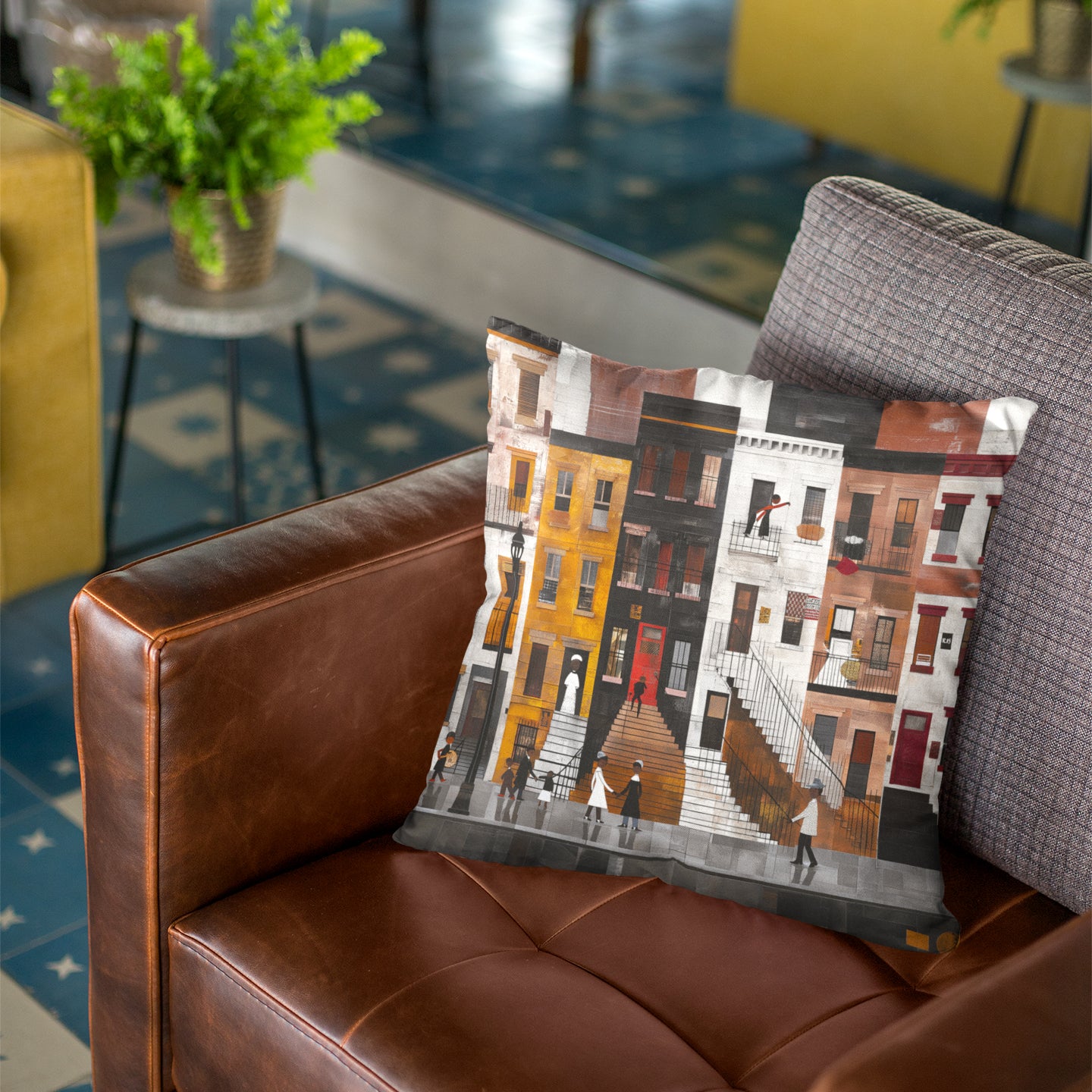 Harlem Neighborhood Faux Suede Square Pillow featuring an abstract Afrocentric design inspired by Harlem street life and culture. A vibrant African American art accent pillow for sofa or bed decor.