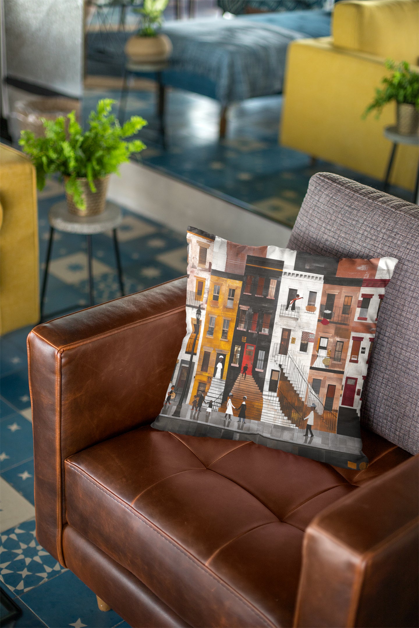 Harlem Neighborhood Faux Suede Square Pillow featuring an abstract Afrocentric design inspired by Harlem street life and culture. A vibrant African American art accent pillow for sofa or bed decor.