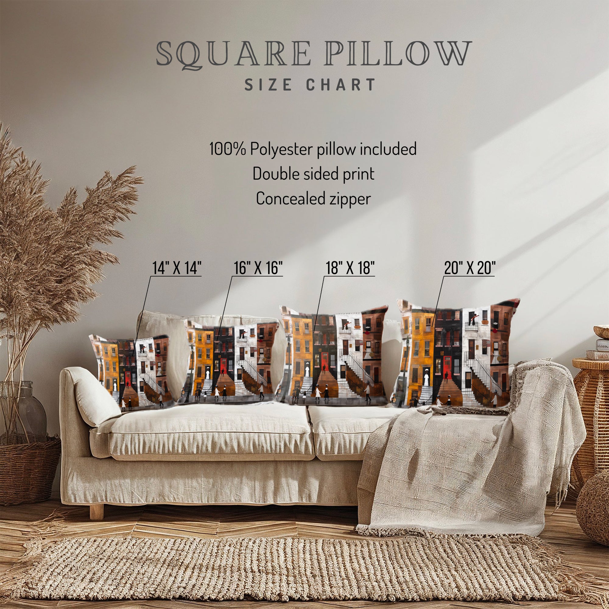 Harlem Neighborhood Faux Suede Square Pillow featuring an abstract Afrocentric design inspired by Harlem street life and culture. A vibrant African American art accent pillow for sofa or bed decor.