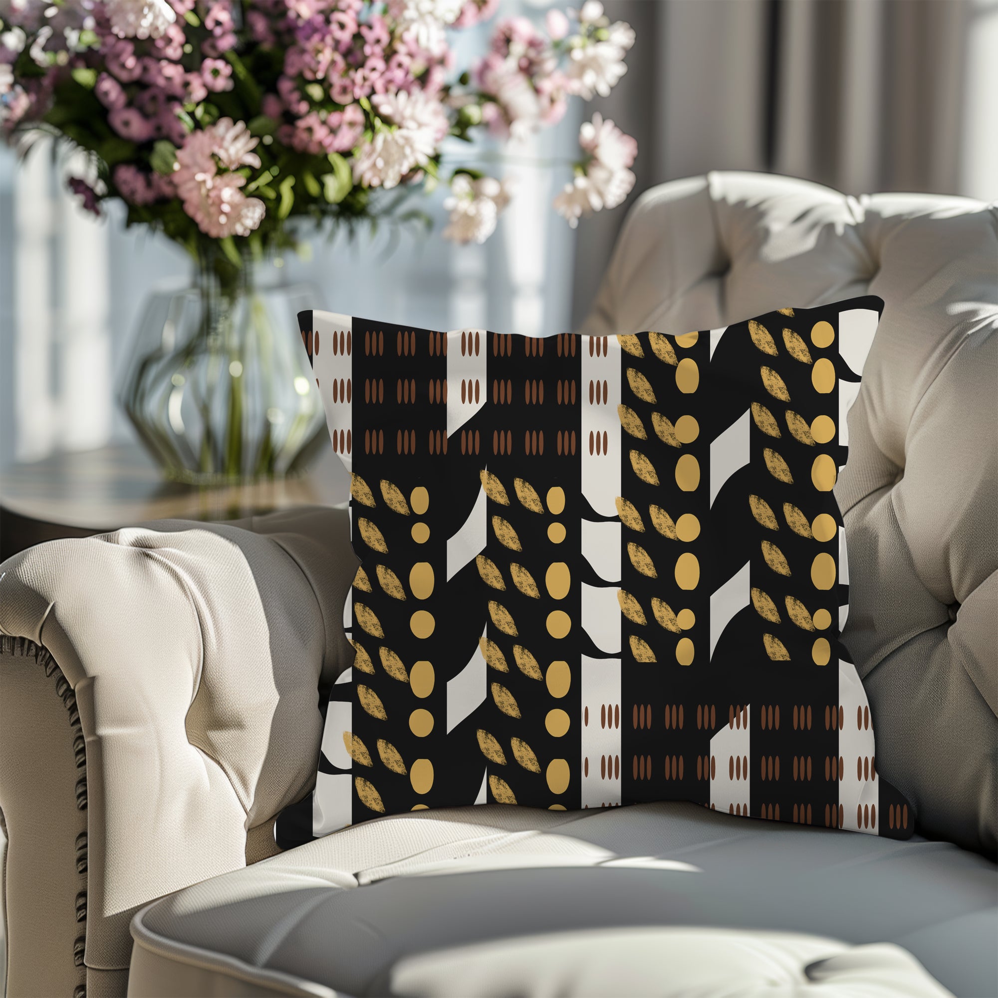 African Mud Cloth Faux Suede Square Pillow with bold geometric tribal patterns in earthy tones. African print sofa pillow featuring Afrocentric design, perfect for modern, bohemian, or culturally inspired home decor.