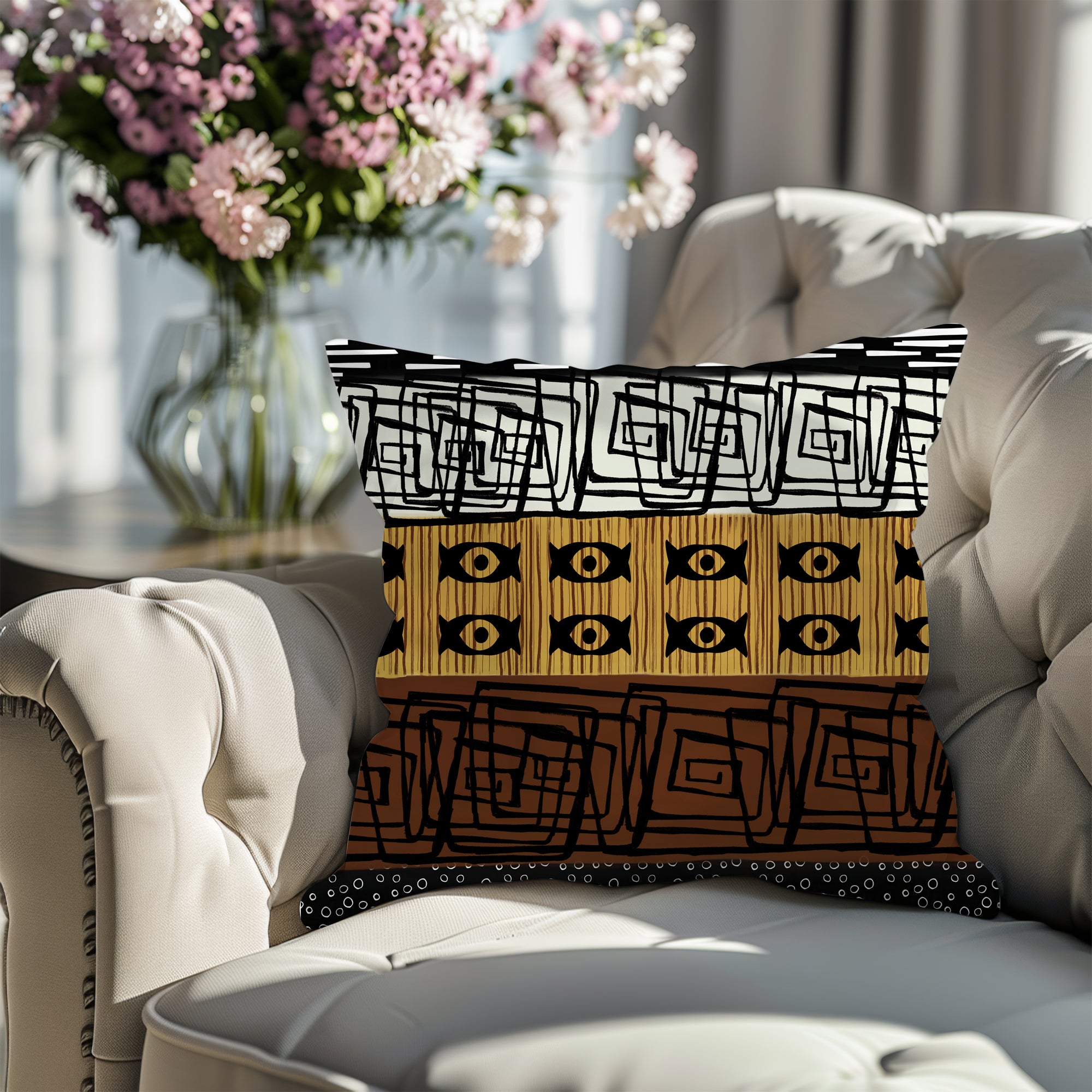African Mud Cloth Faux Suede Square Pillow with bold geometric tribal patterns in earthy tones. African print sofa pillow featuring Afrocentric design, perfect for modern, bohemian, or culturally inspired home decor.