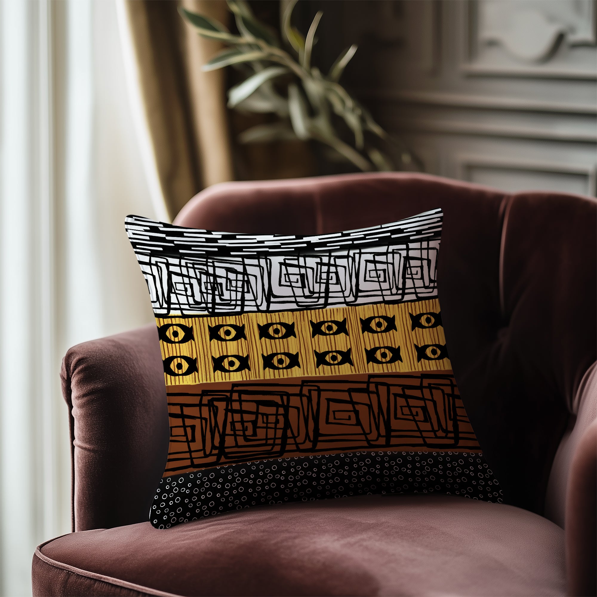 African Mud Cloth Faux Suede Square Pillow with bold geometric tribal patterns in earthy tones. African print sofa pillow featuring Afrocentric design, perfect for modern, bohemian, or culturally inspired home decor.