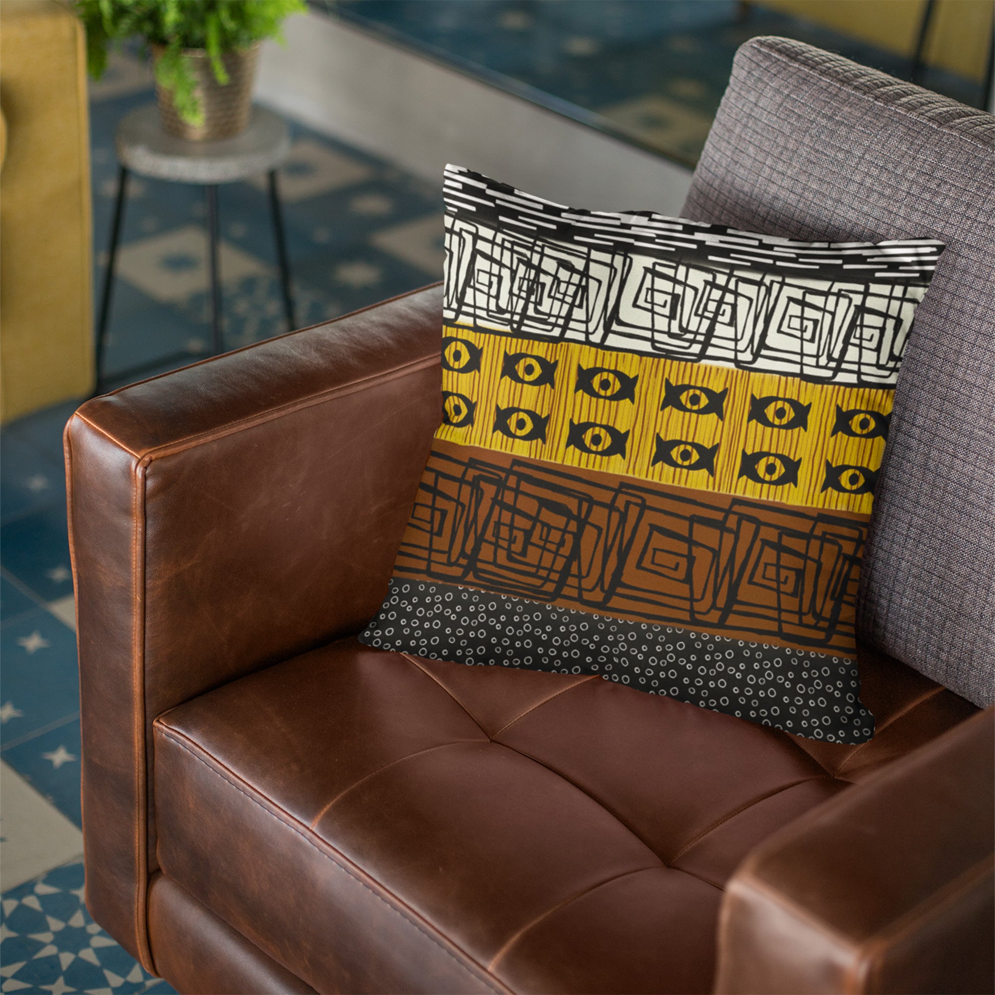 African Mud Cloth Faux Suede Square Pillow with bold geometric tribal patterns in earthy tones. African print sofa pillow featuring Afrocentric design, perfect for modern, bohemian, or culturally inspired home decor.