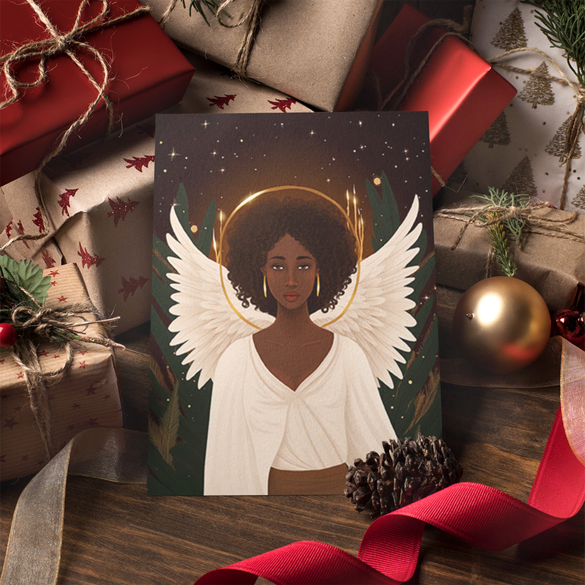 Black Woman Angel Holiday Greeting Card featuring an elegant African American angel illustration, available as a single card or multipack with envelopes.