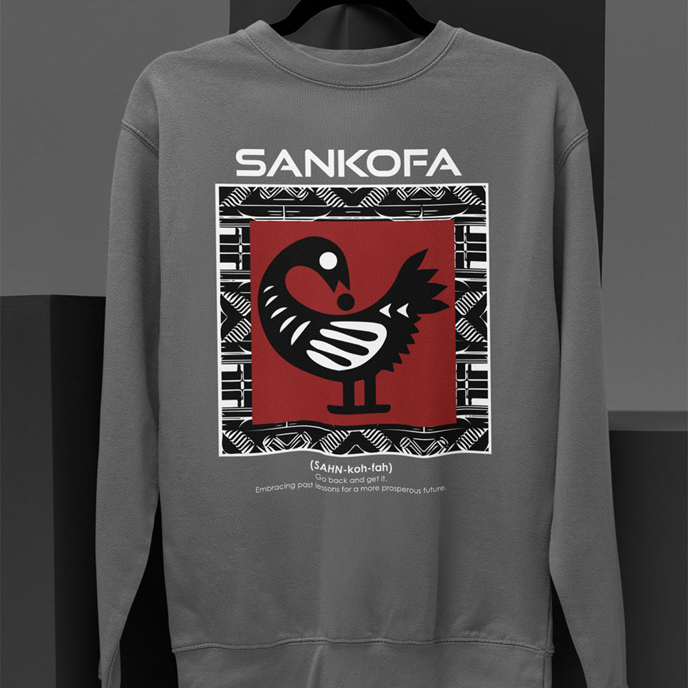 Adinkra Sankofa Sweatshirt with Ghana’s iconic bird symbol and cultural definition. Afrocentric unisex pullover celebrating African heritage, history, and Black pride.
