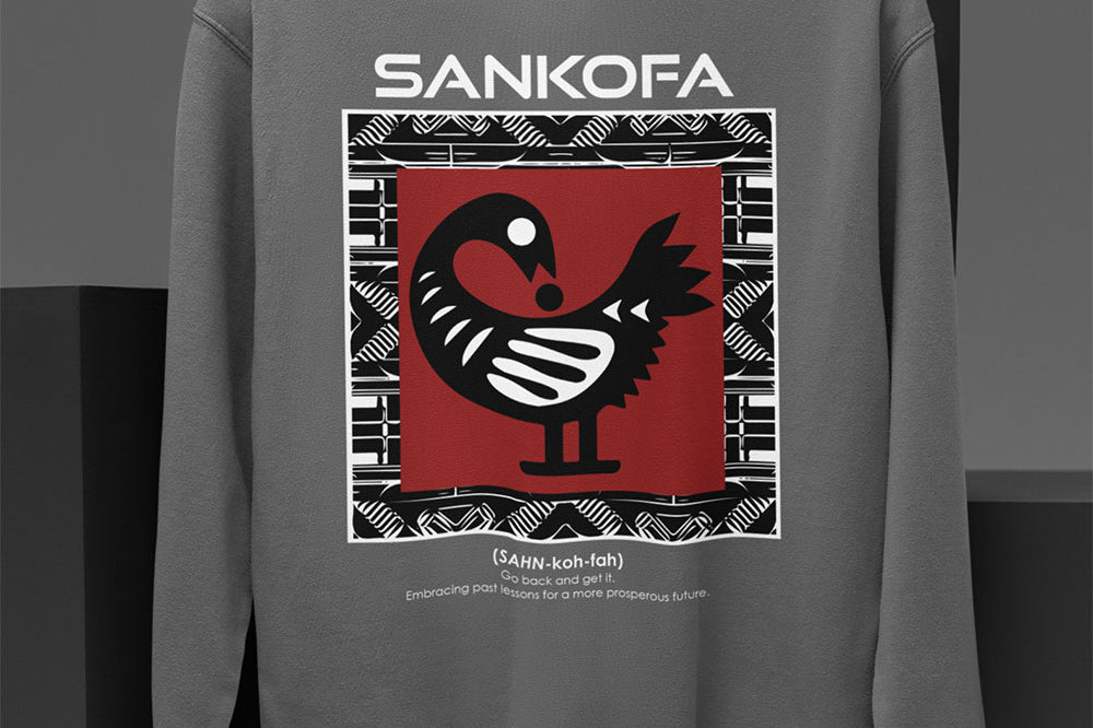 Adinkra Sankofa Sweatshirt with Ghana’s iconic bird symbol and cultural definition. Afrocentric unisex pullover celebrating African heritage, history, and Black pride.