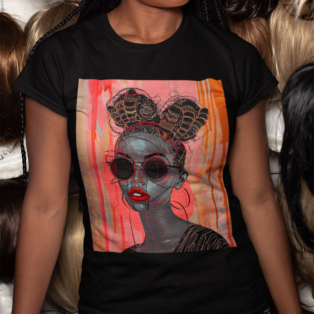 Black Woman Afrofuturism Tee featuring African American woman with Bantu knots and round fashion sunglasses, Afrocentric unisex shirt with futuristic and cultural design.