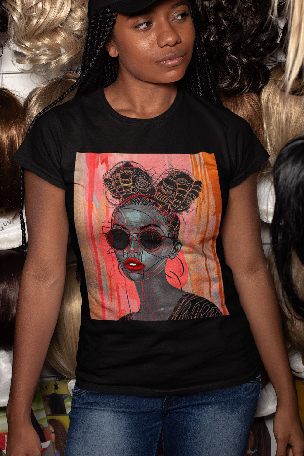 Black Woman Afrofuturism Tee featuring African American woman with Bantu knots and round fashion sunglasses, Afrocentric unisex shirt with futuristic and cultural design.