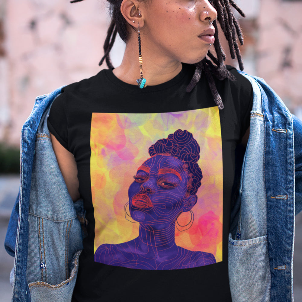 Leela Tee featuring Black woman with royal blue skin and red lipstick, Afrocentric fashion t-shirt for African American women, unisex apparel.
