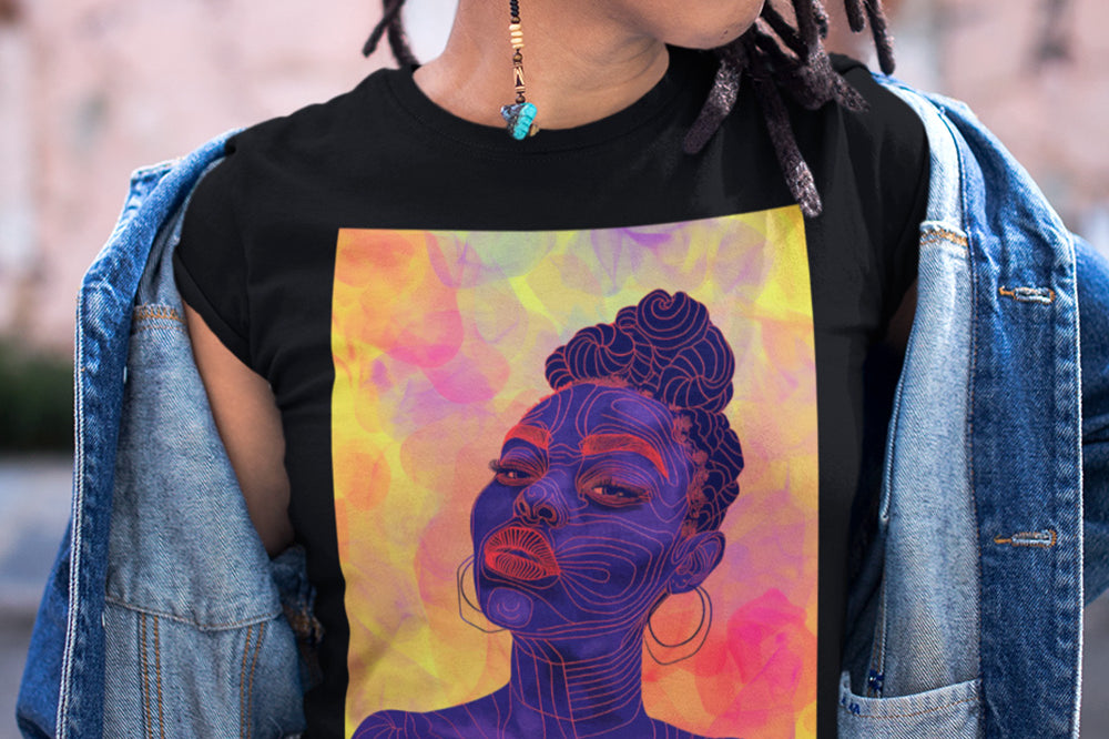 Leela Tee featuring Black woman with royal blue skin and red lipstick, Afrocentric fashion t-shirt for African American women, unisex apparel.