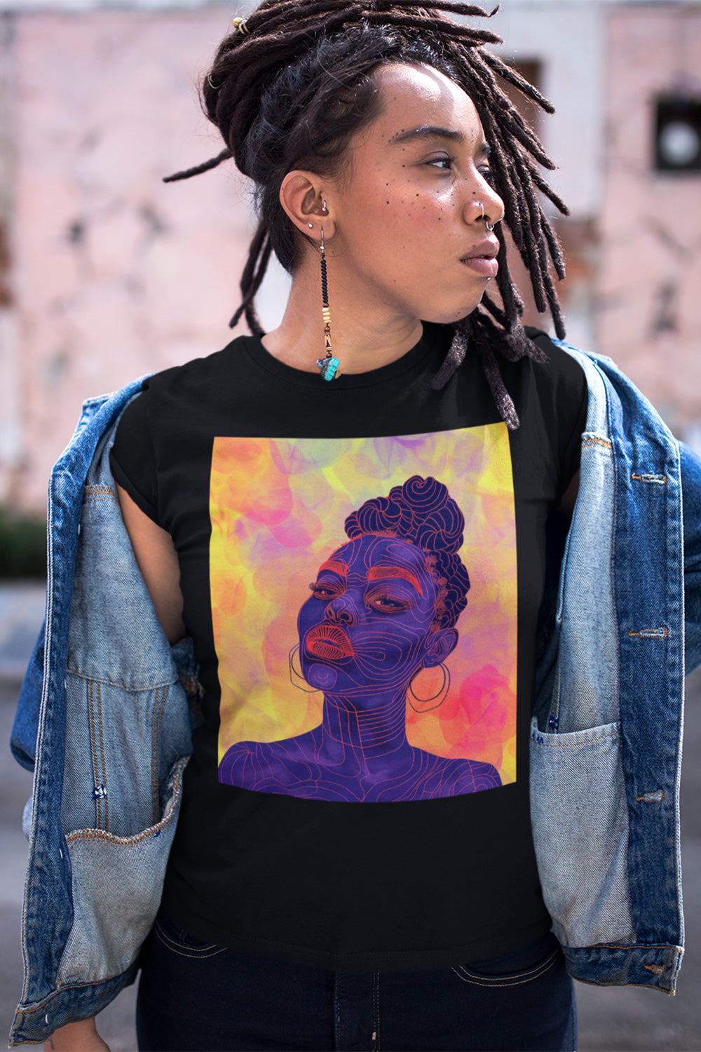 Leela Tee featuring Black woman with royal blue skin and red lipstick, Afrocentric fashion t-shirt for African American women, unisex apparel.