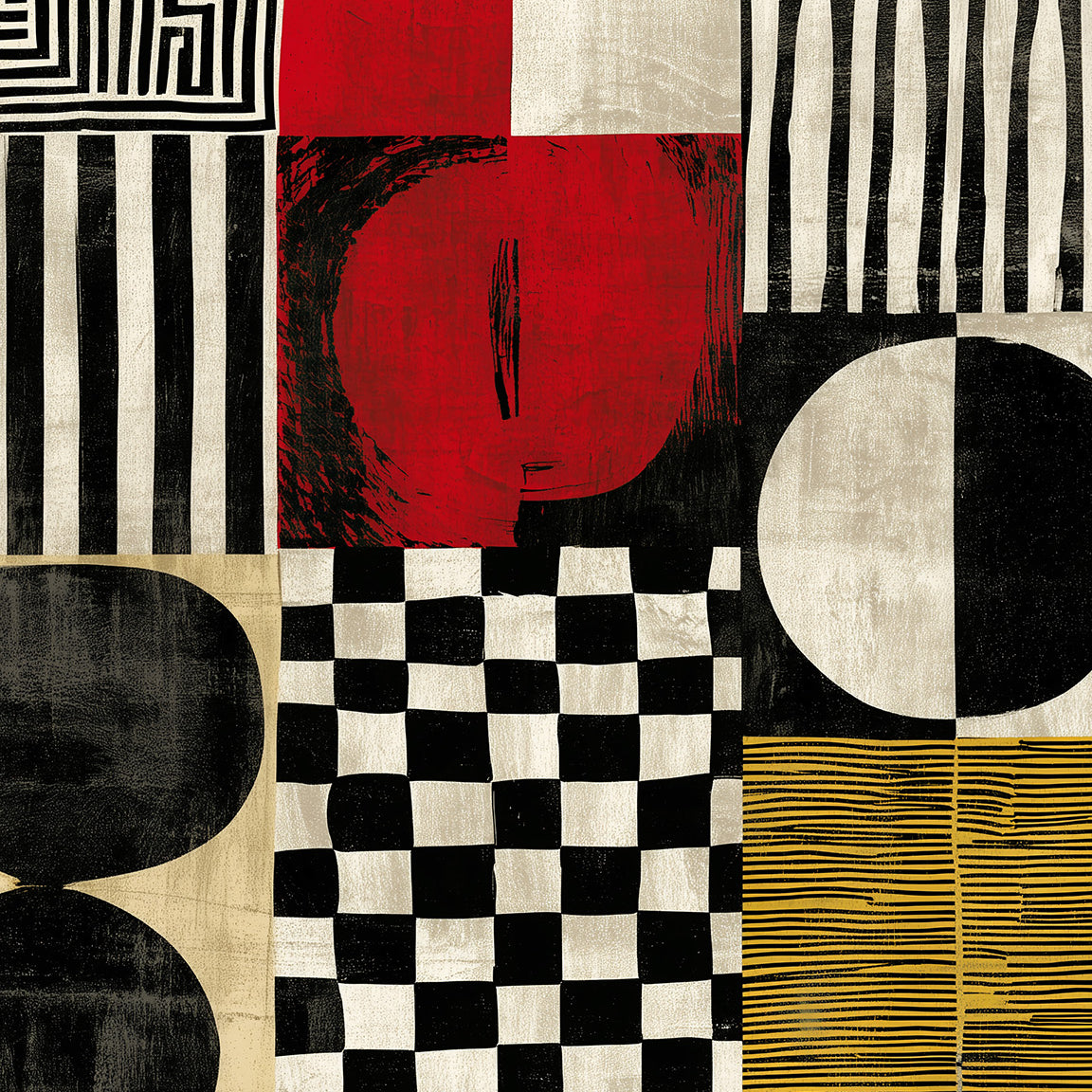 Full size design of abstract geometric throw blanket, featuring a patchwork grid of black, white, red, and yellow blocks with stripes, checkerboard squares, circles, and textured brushstrokes.