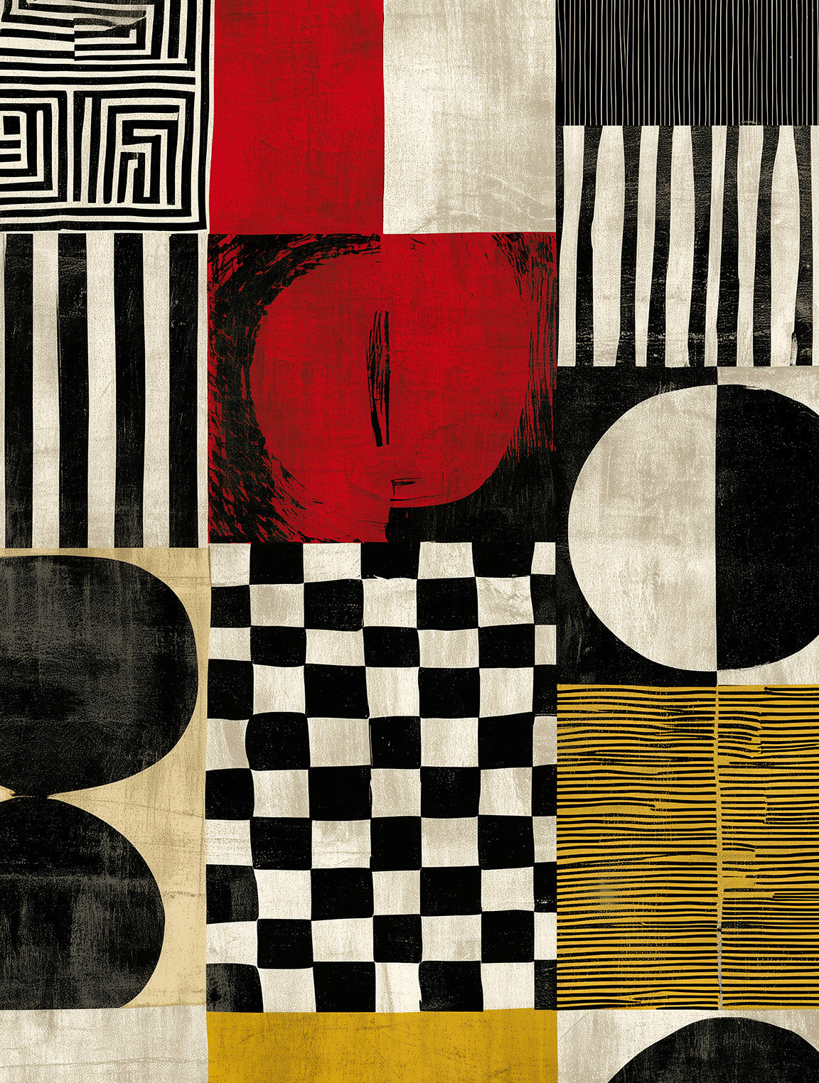 Full size design of abstract geometric throw blanket, featuring a patchwork grid of black, white, red, and yellow blocks with stripes, checkerboard squares, circles, and textured brushstrokes.